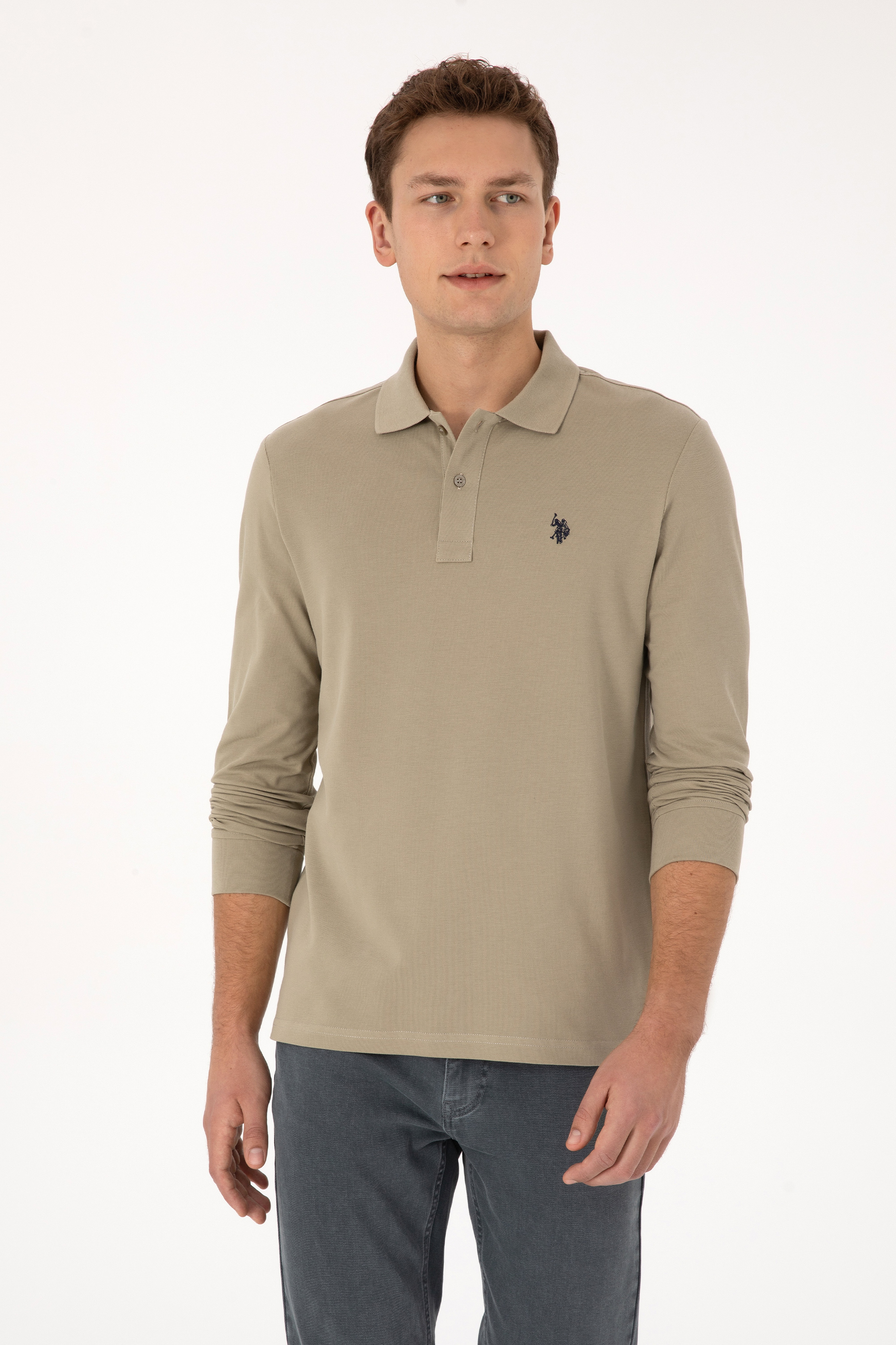 Erkek Regular Fit Polo Yaka Açık Haki Basic Sweatshirt - Image 1