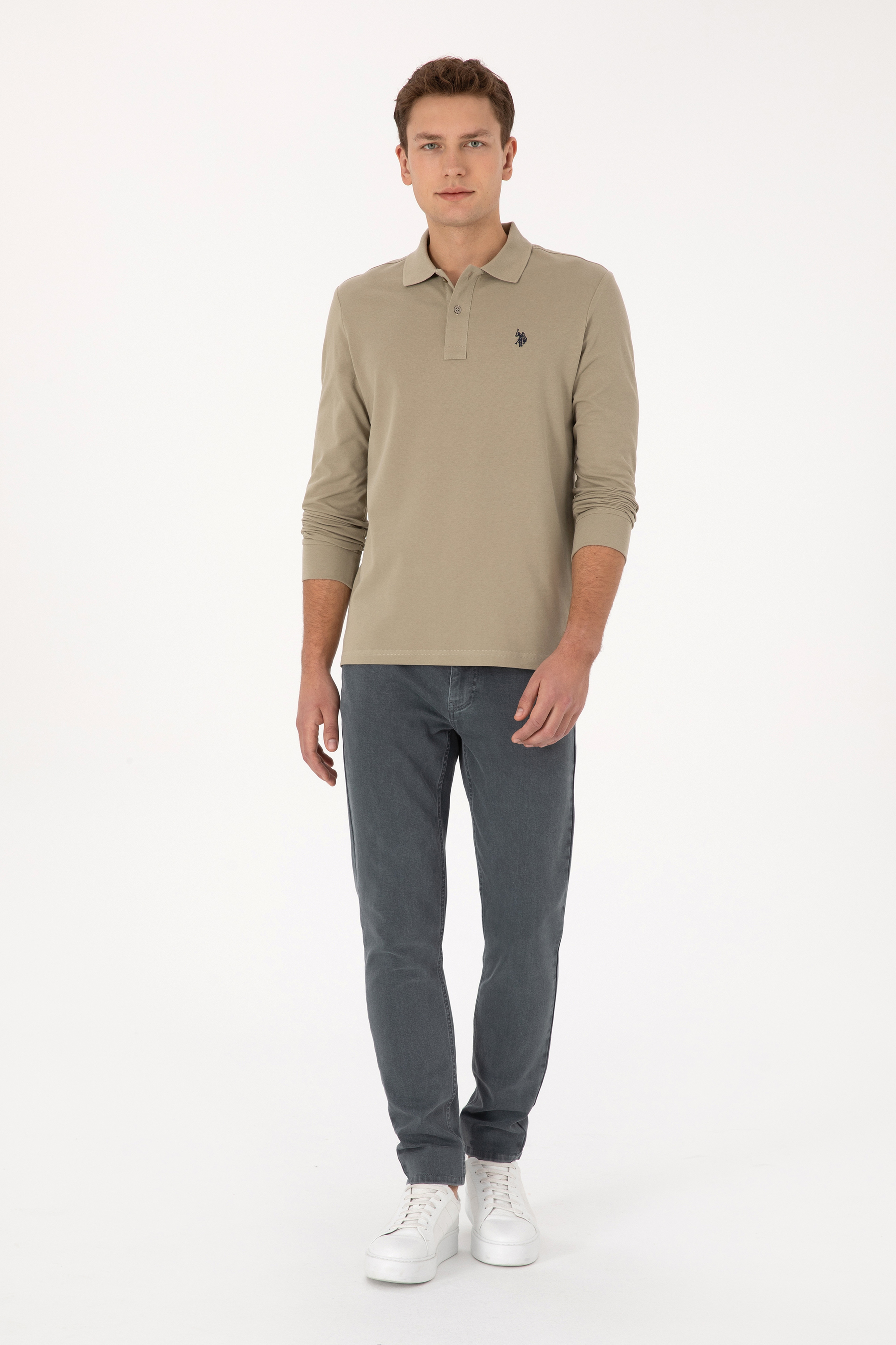Erkek Regular Fit Polo Yaka Açık Haki Basic Sweatshirt