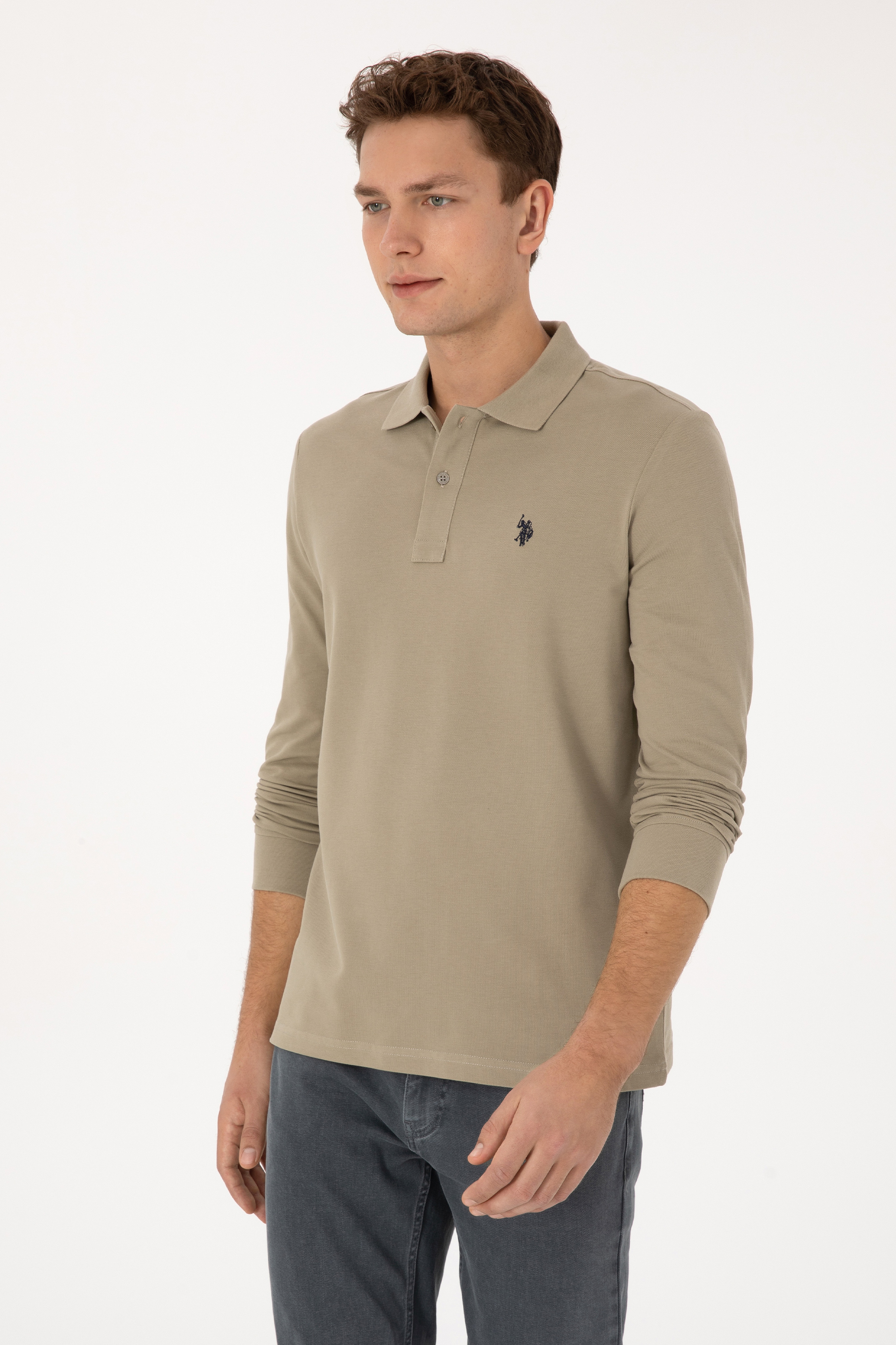 Erkek Regular Fit Polo Yaka Açık Haki Basic Sweatshirt - Image 3