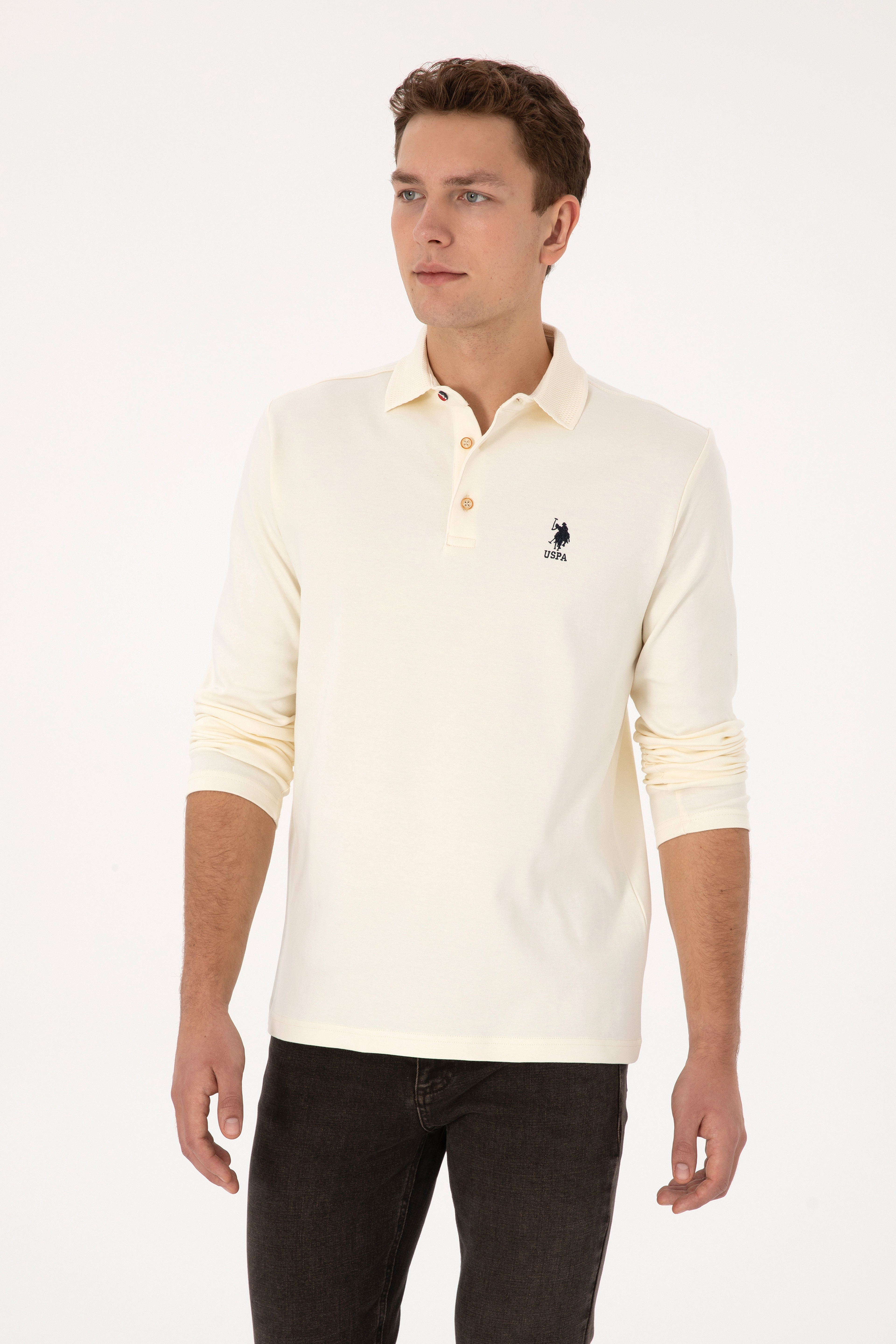 Erkek Regular Fit Polo Yaka Krem Basic Sweatshirt - Image 3