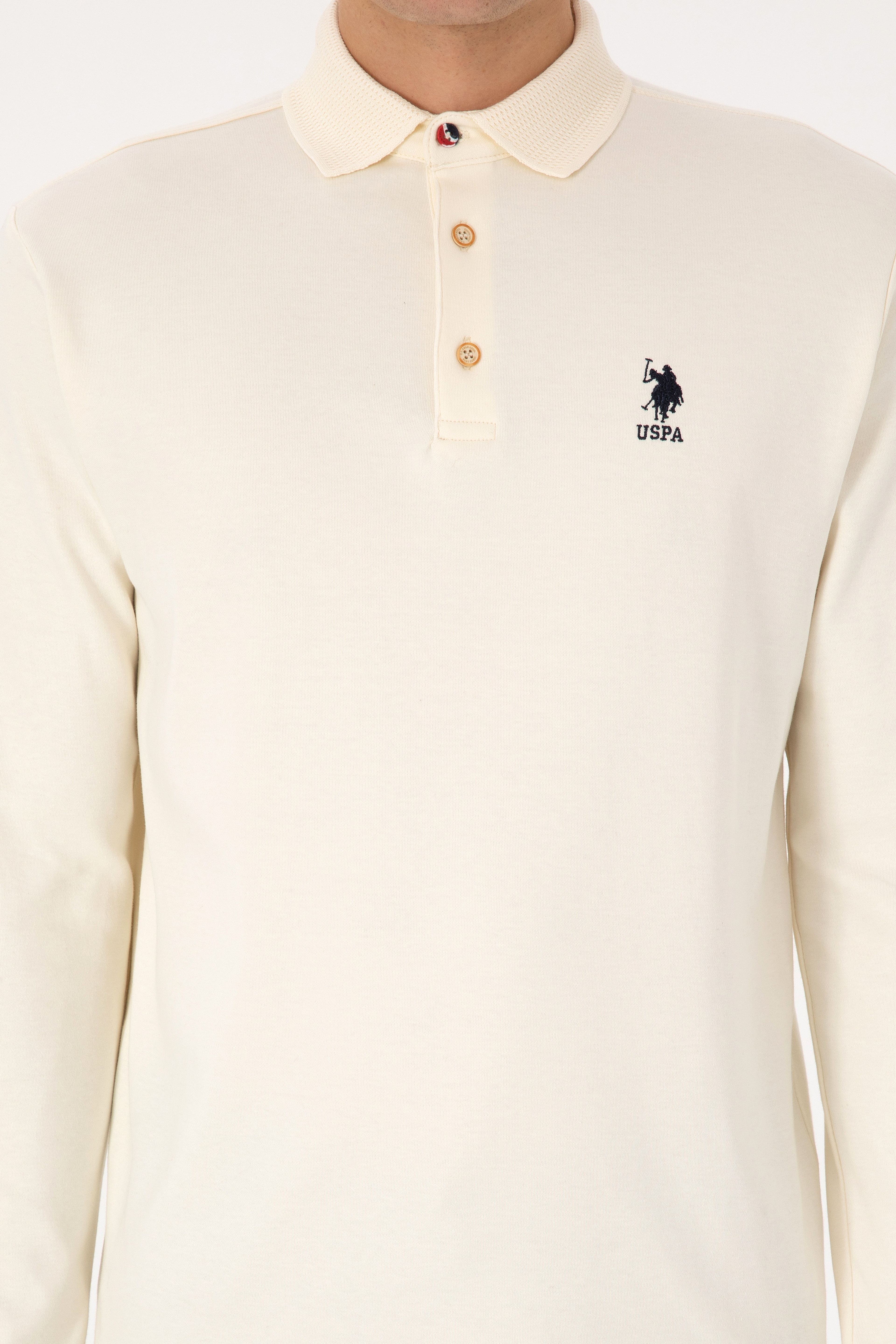 Erkek Regular Fit Polo Yaka Krem Basic Sweatshirt