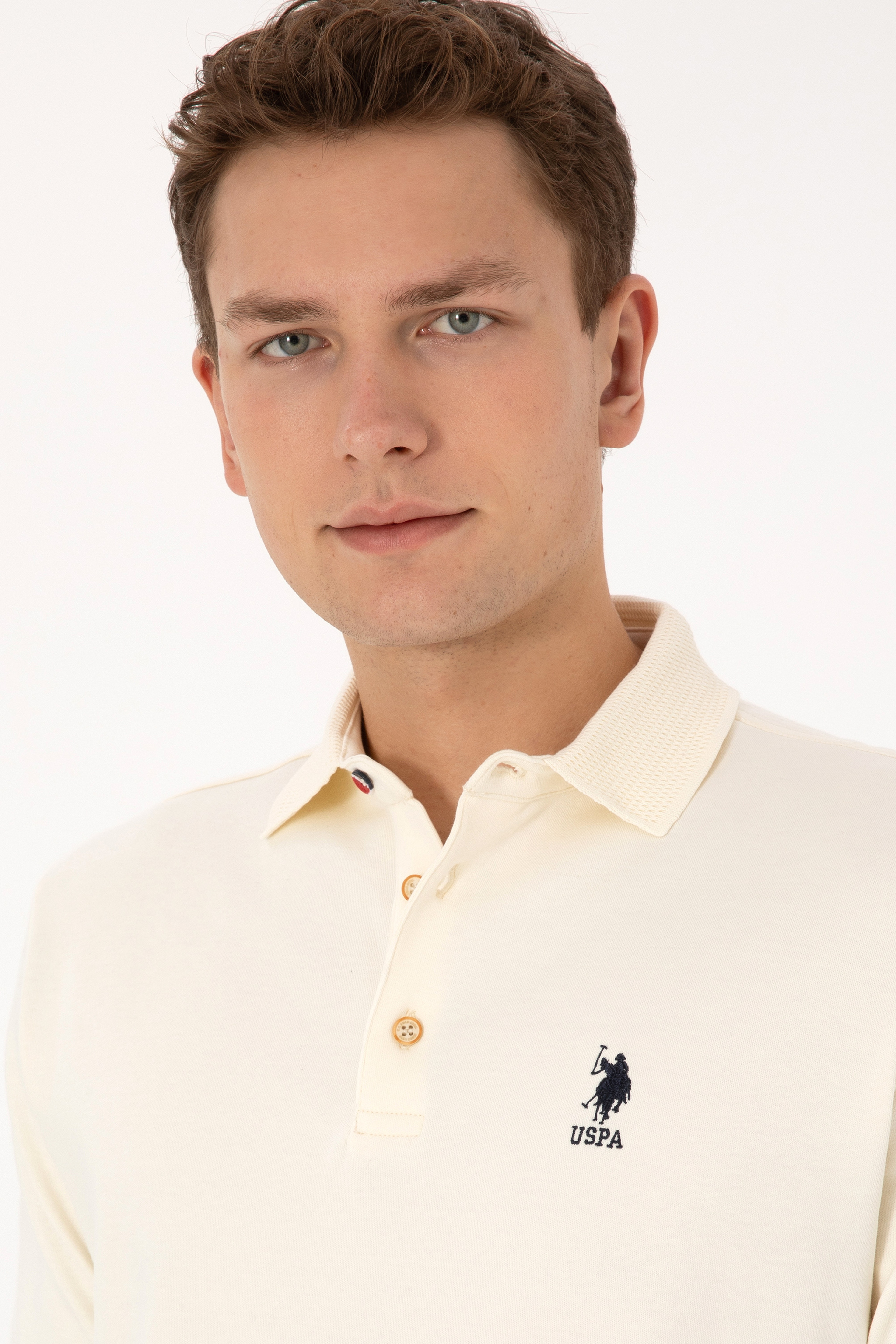 Erkek Regular Fit Polo Yaka Krem Basic Sweatshirt - Image 2