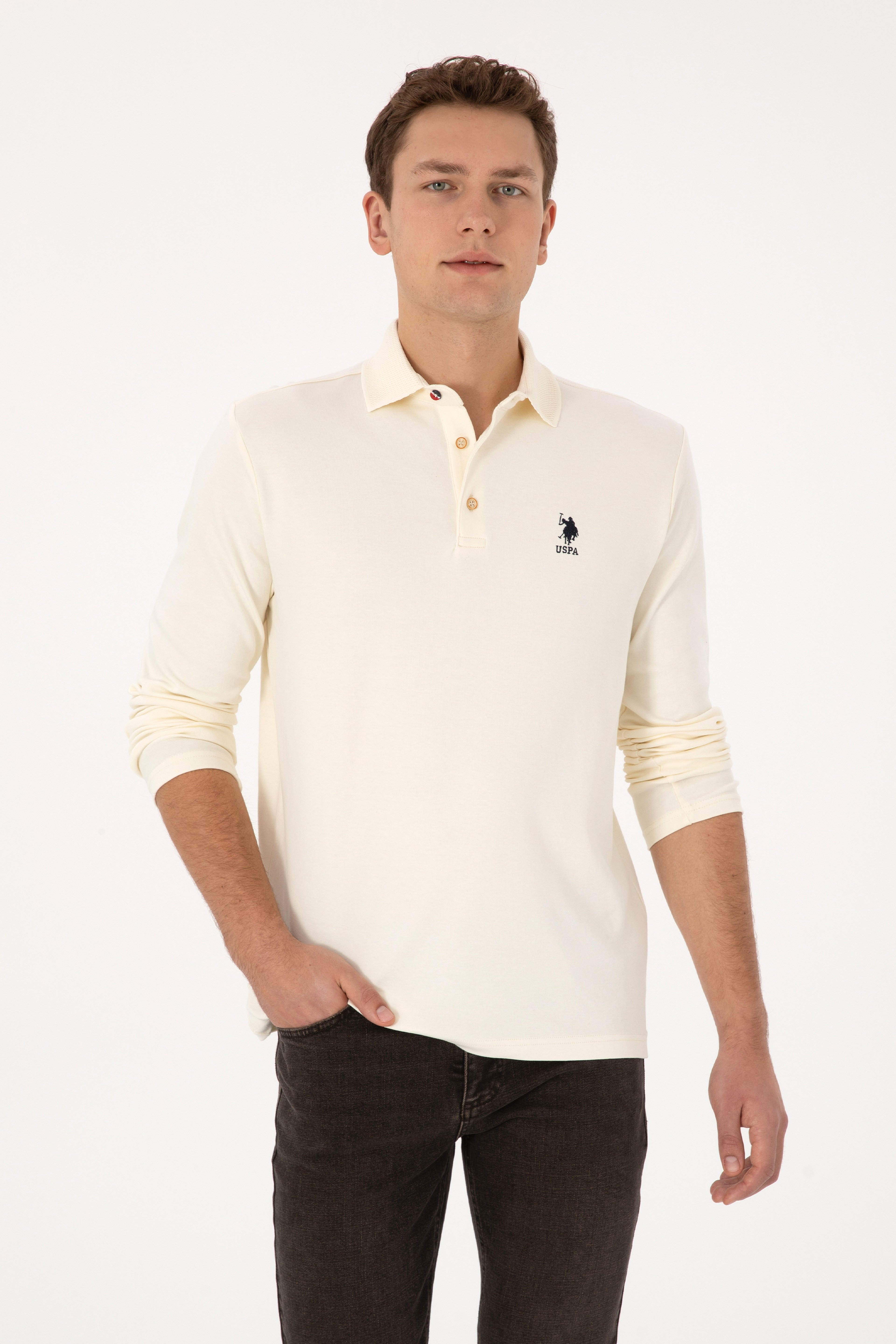 Erkek Regular Fit Polo Yaka Krem Basic Sweatshirt - Image 1