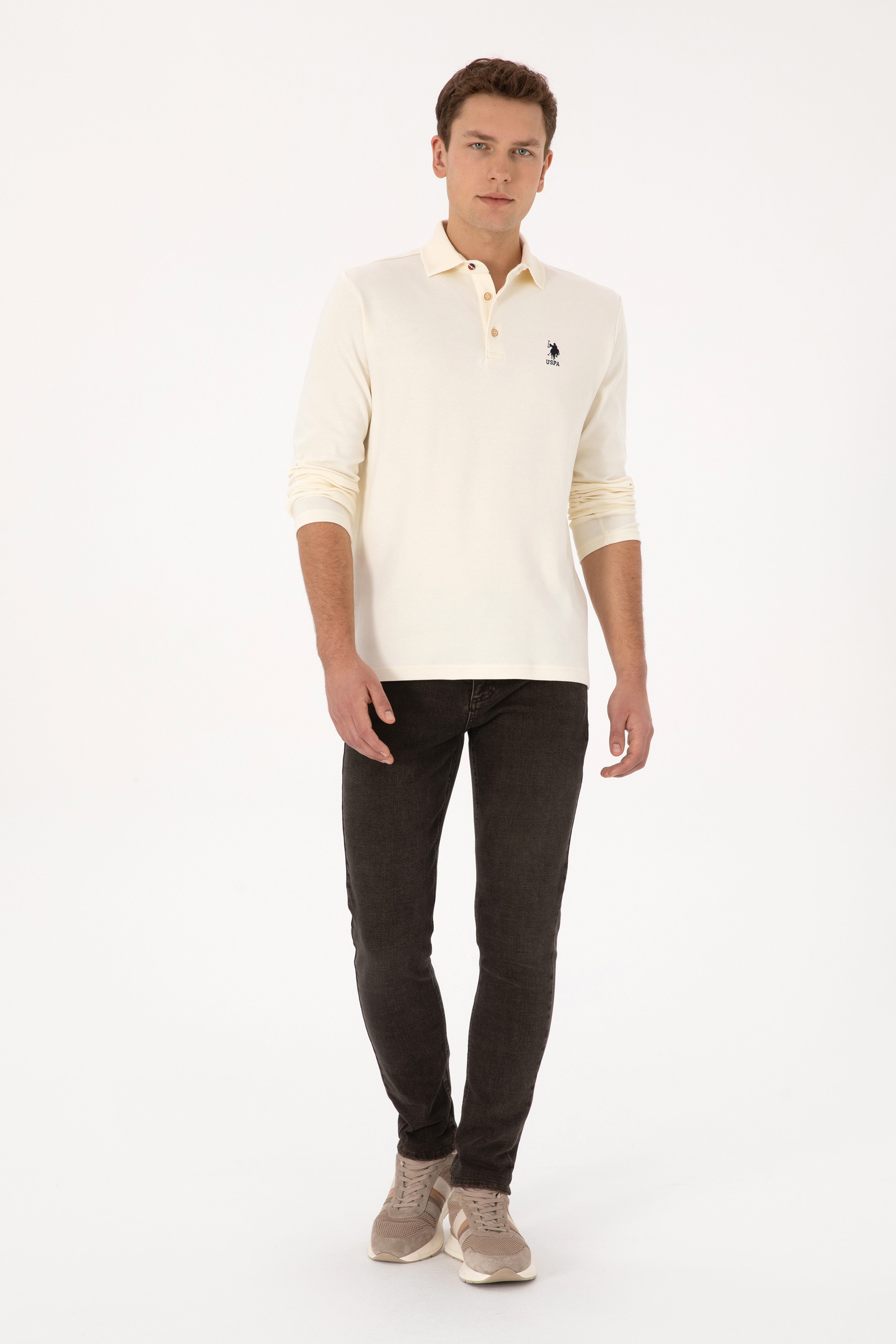 Erkek Regular Fit Polo Yaka Krem Basic Sweatshirt - Image 4