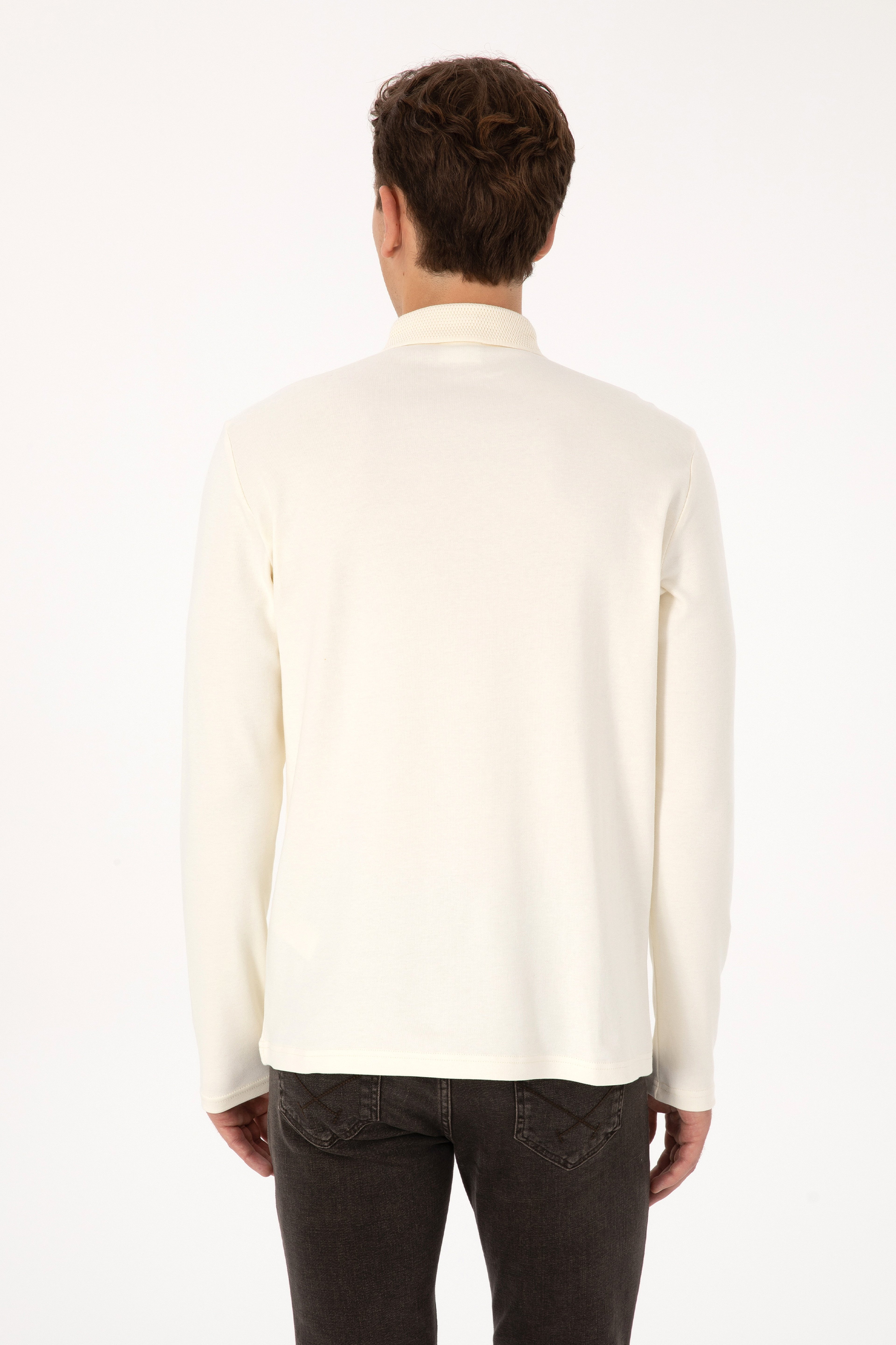 Erkek Regular Fit Polo Yaka Krem Basic Sweatshirt - Image 5