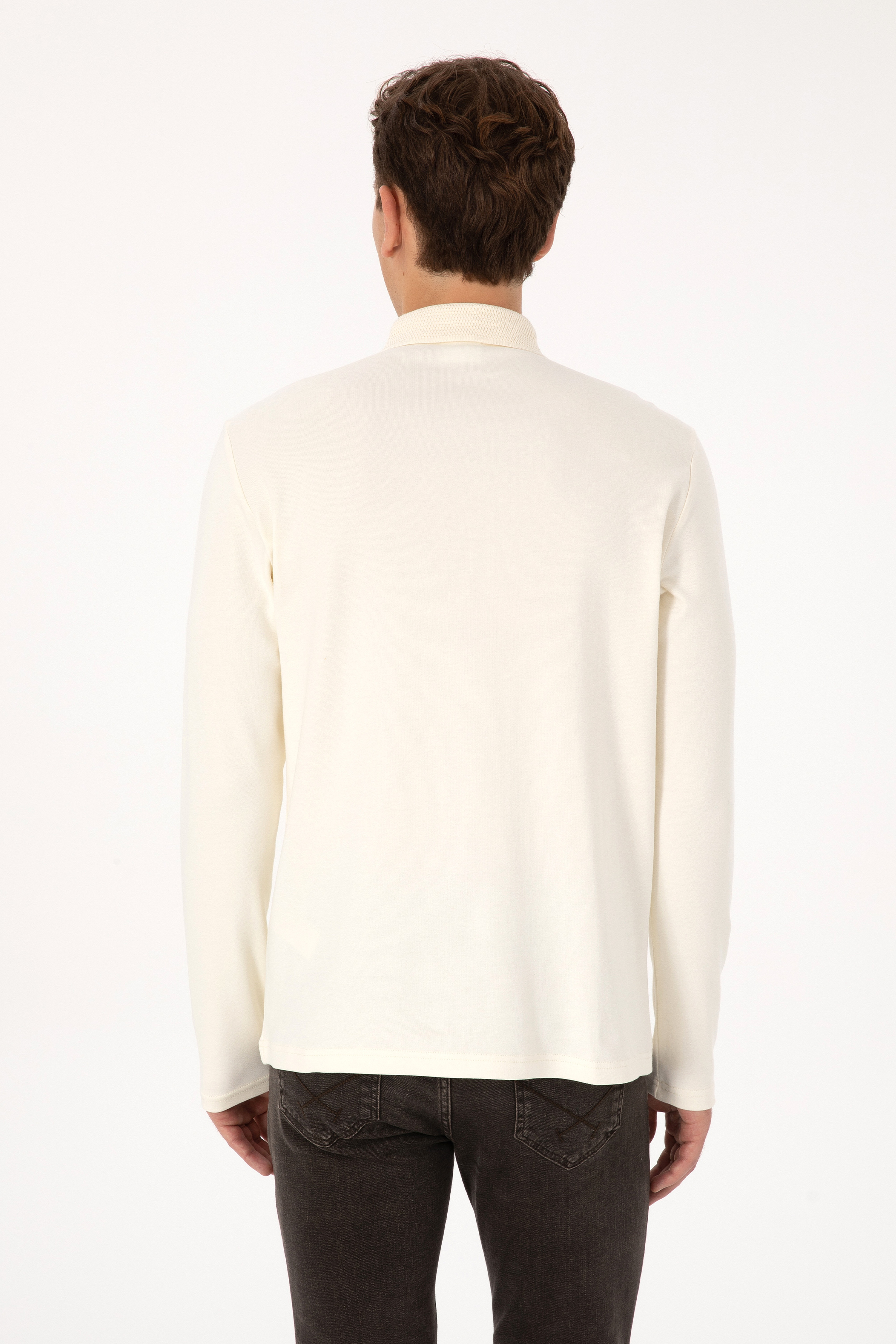 Erkek Regular Fit Polo Yaka Krem Basic Sweatshirt