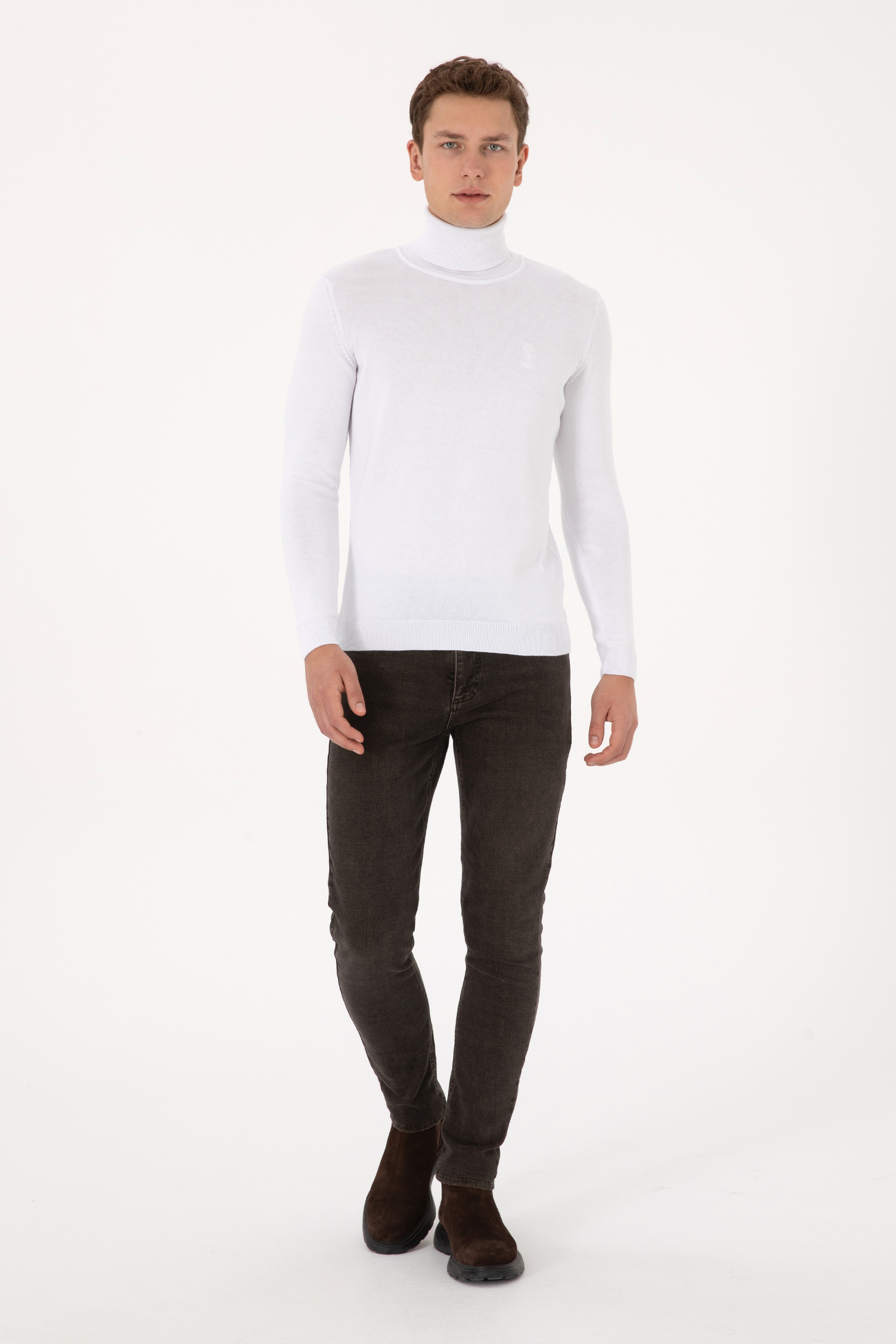 Erkek Slim Fit Balıkçı Yaka Beyaz Basic Kazak - Image 4