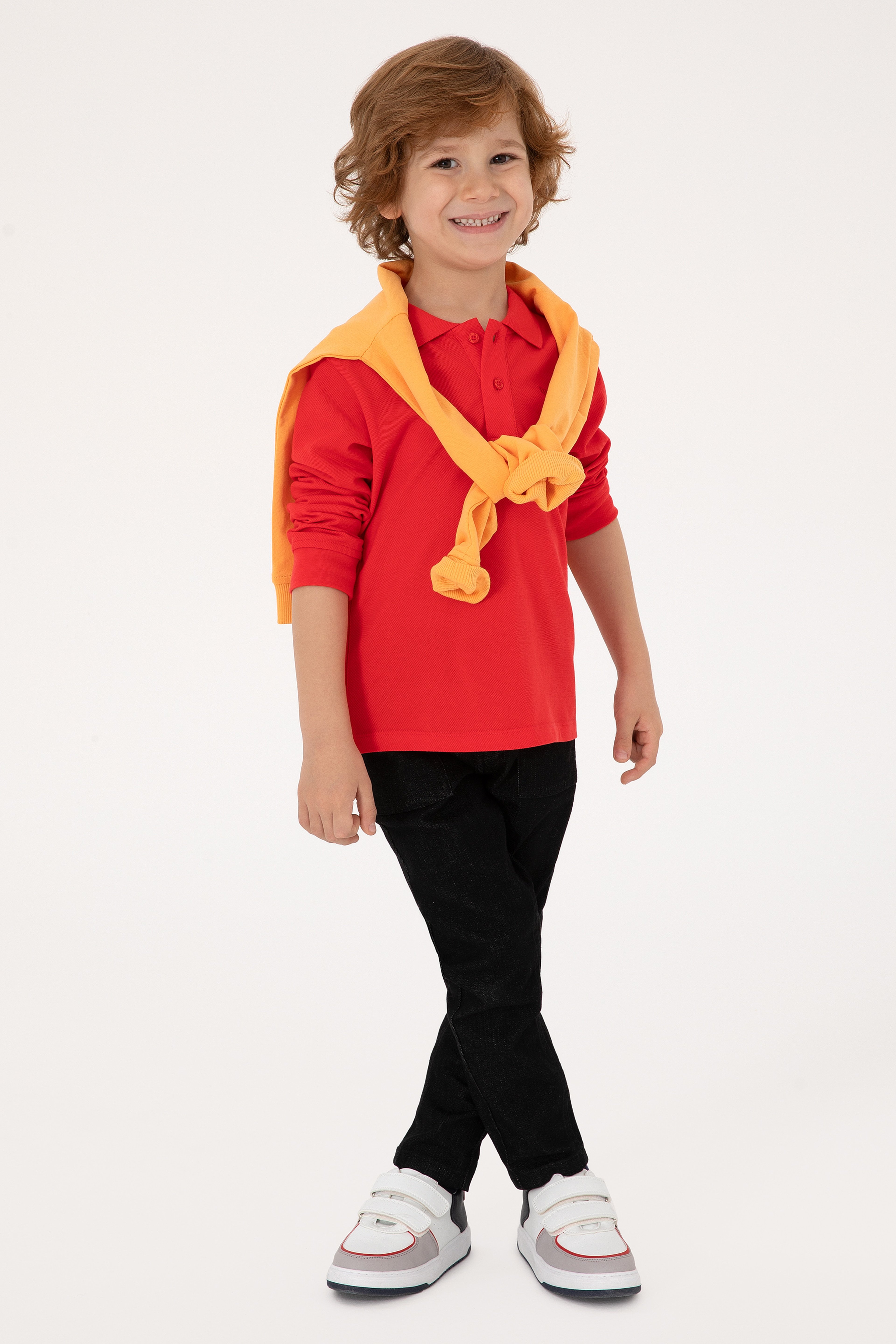 Erkek Çocuk Kırmızı Basic Polo Yaka Sweatshirt - Image 2