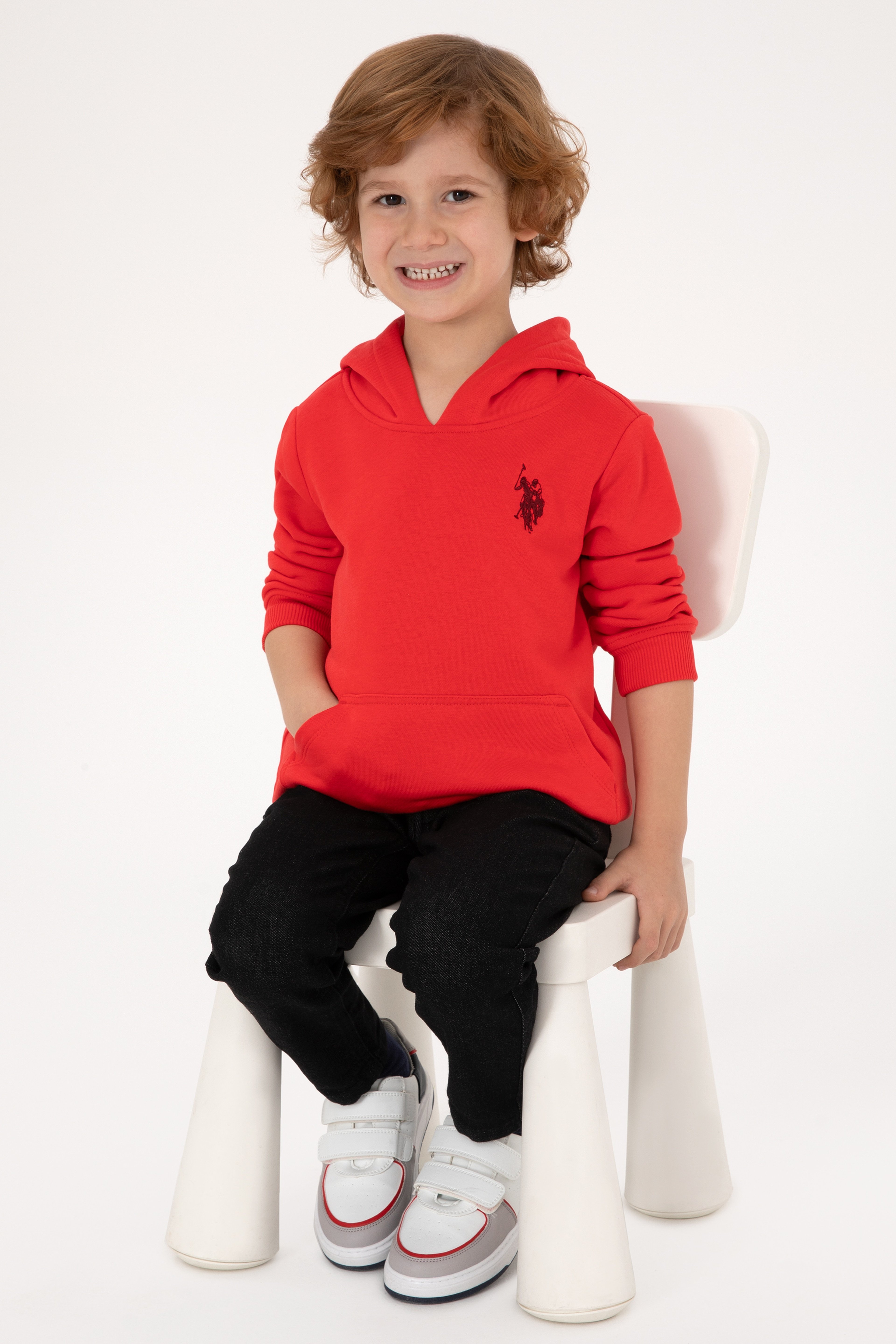 Erkek Çocuk Kırmızı Basic Kapüşonlu Sweatshirt - Image 2