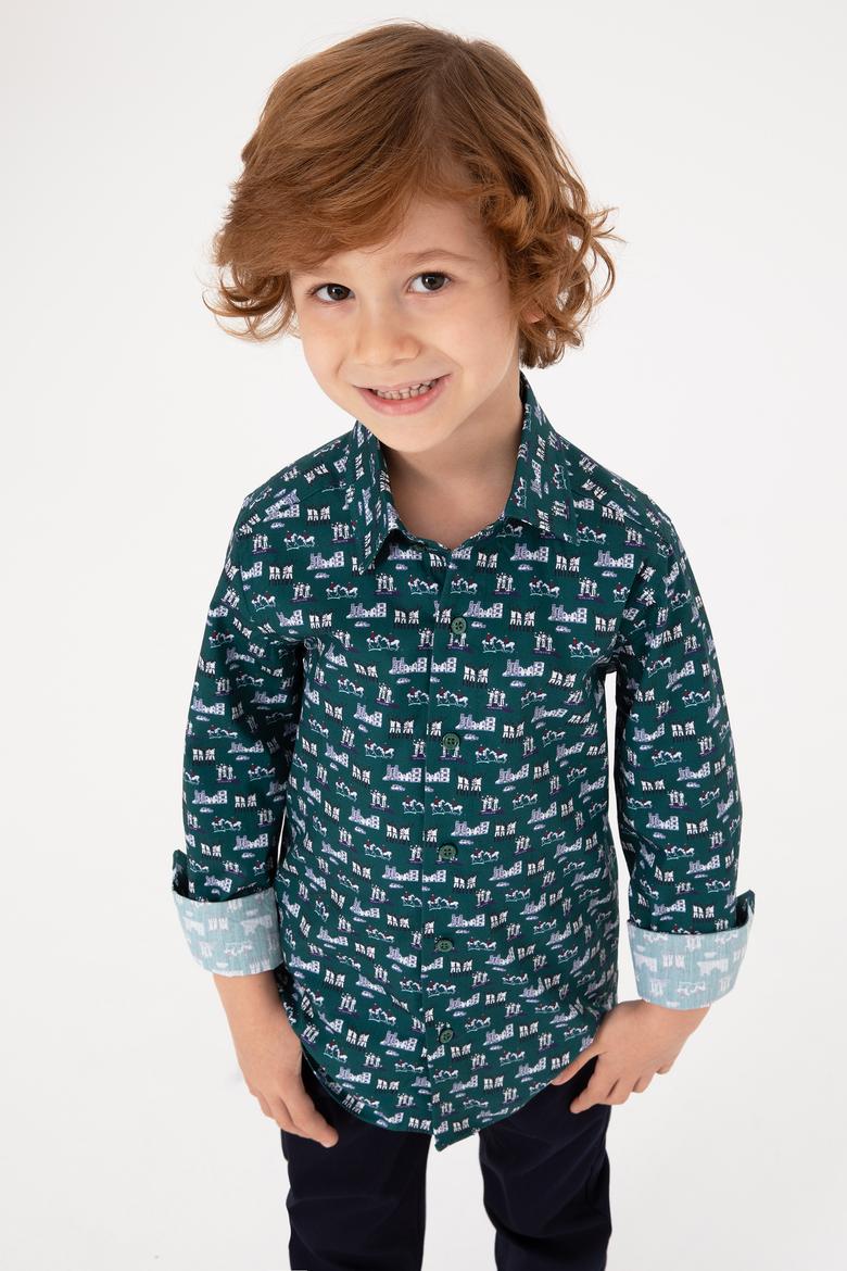 Erkek Çocuk Koyu Yeşil Uzun Kollu Gömlek