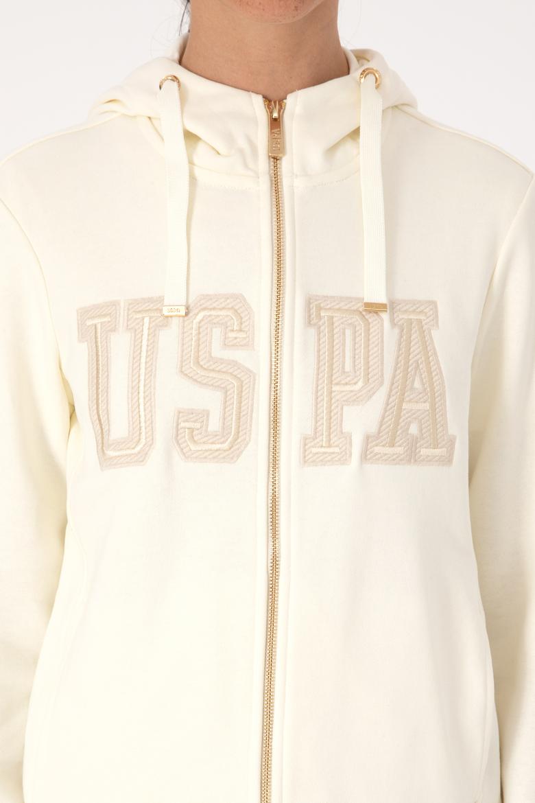 Kadın Krem Fermuarlı Kapüşonlu Basic Sweatshirt - 50307769059