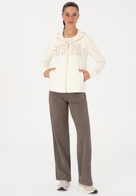 Kadın Krem Fermuarlı Kapüşonlu Basic Sweatshirt - 50307769059