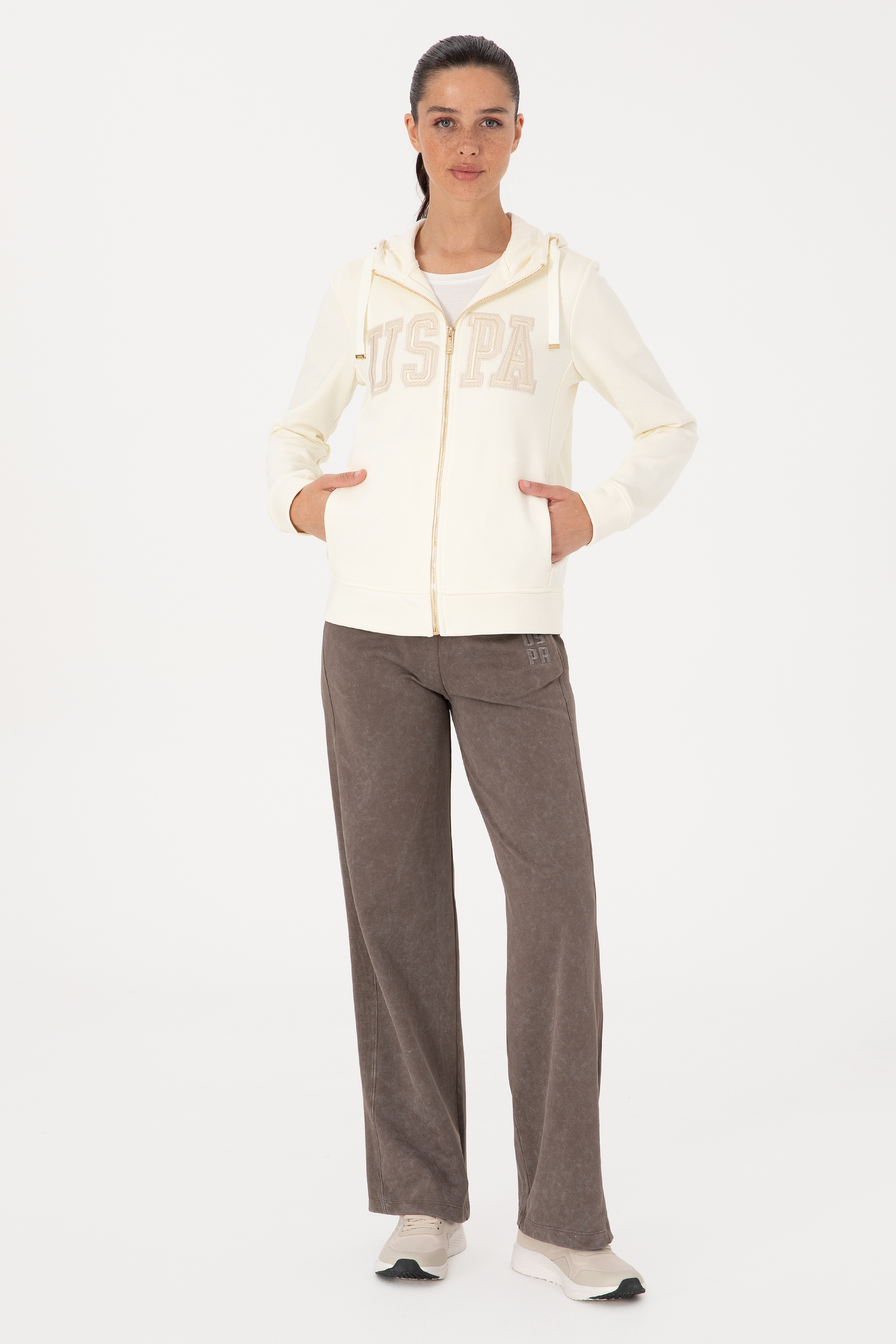 Kadın Krem Fermuarlı Kapüşonlu Basic Sweatshirt - Image 4