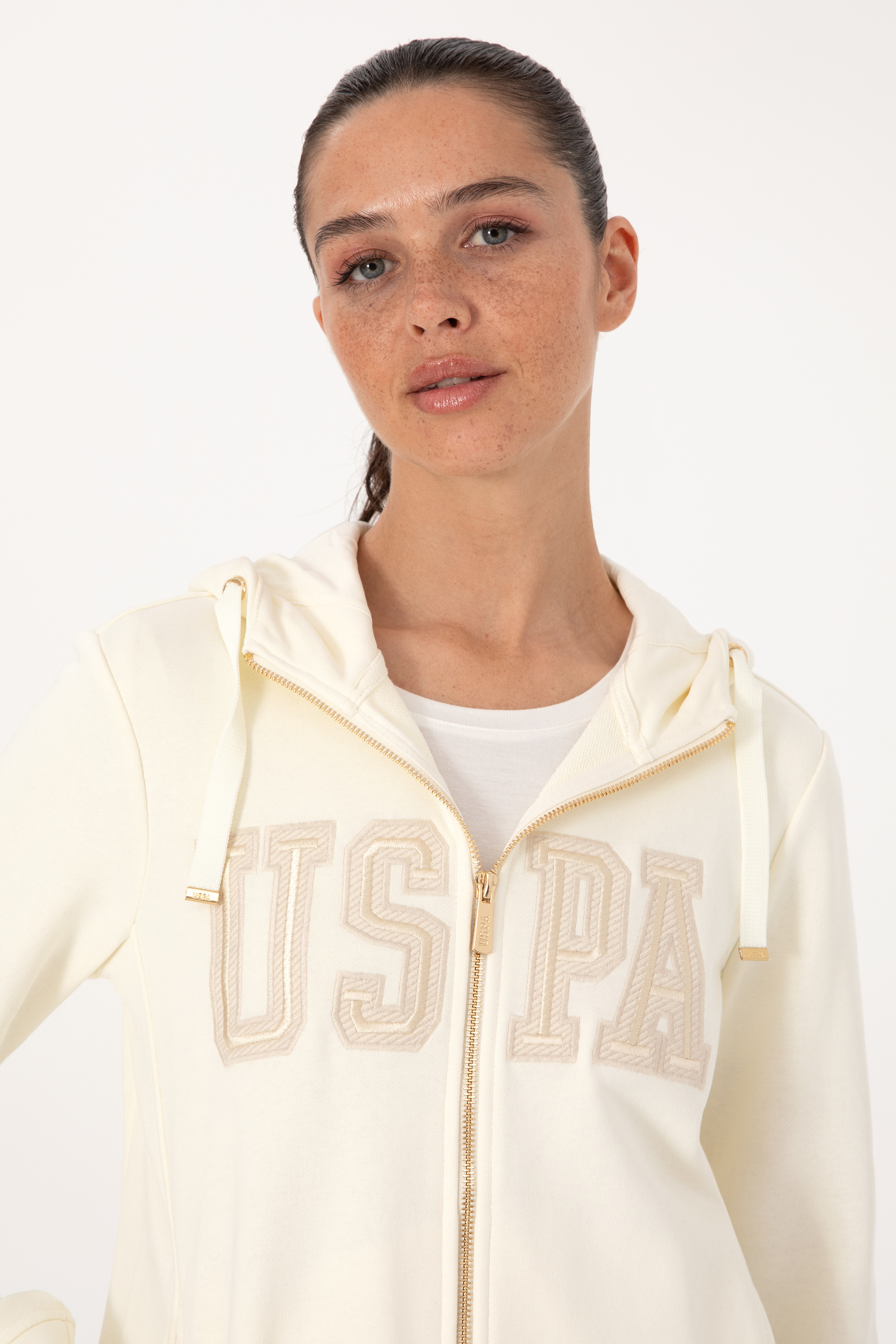 Kadın Krem Fermuarlı Kapüşonlu Basic Sweatshirt