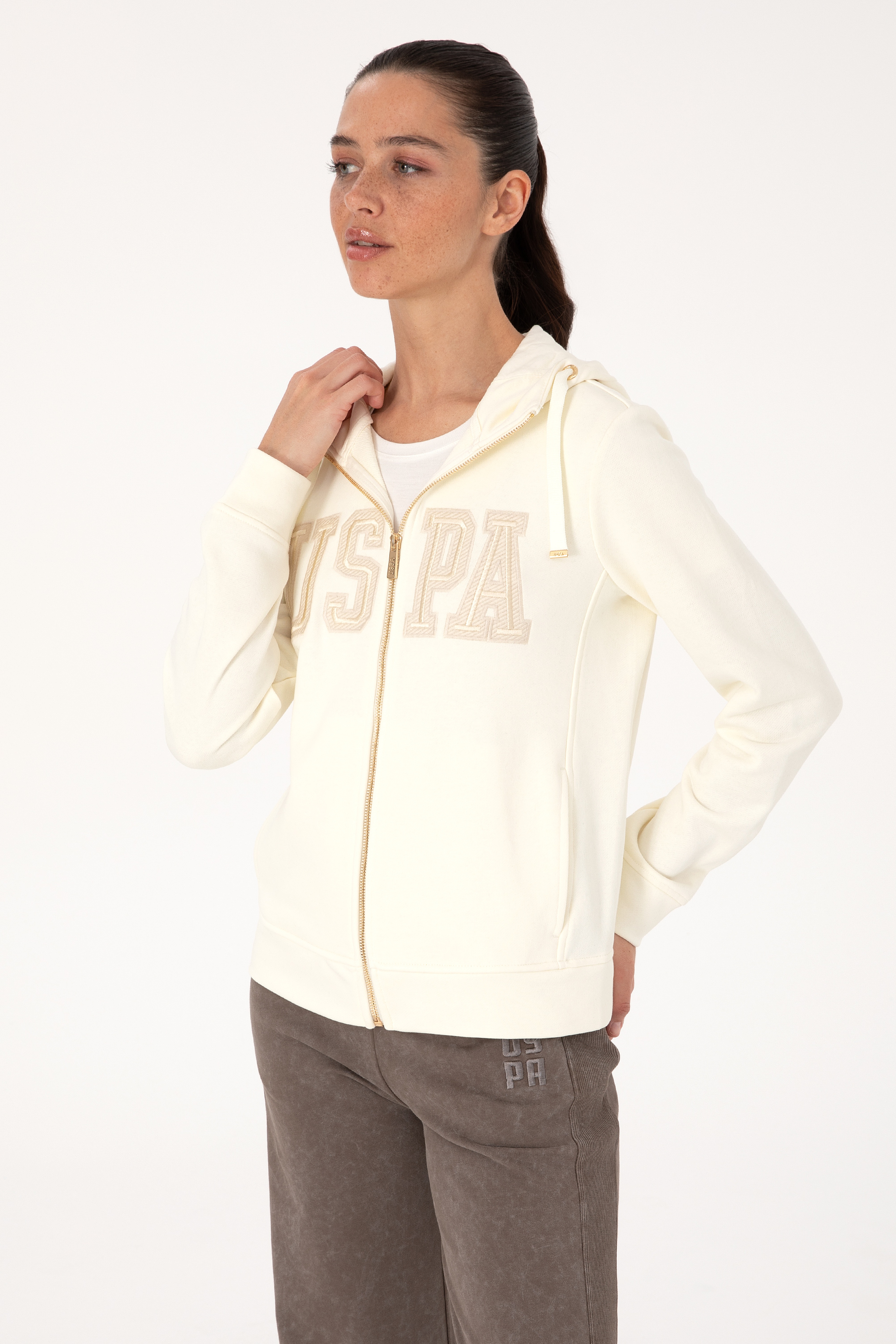 Kadın Krem Fermuarlı Kapüşonlu Basic Sweatshirt - Image 3