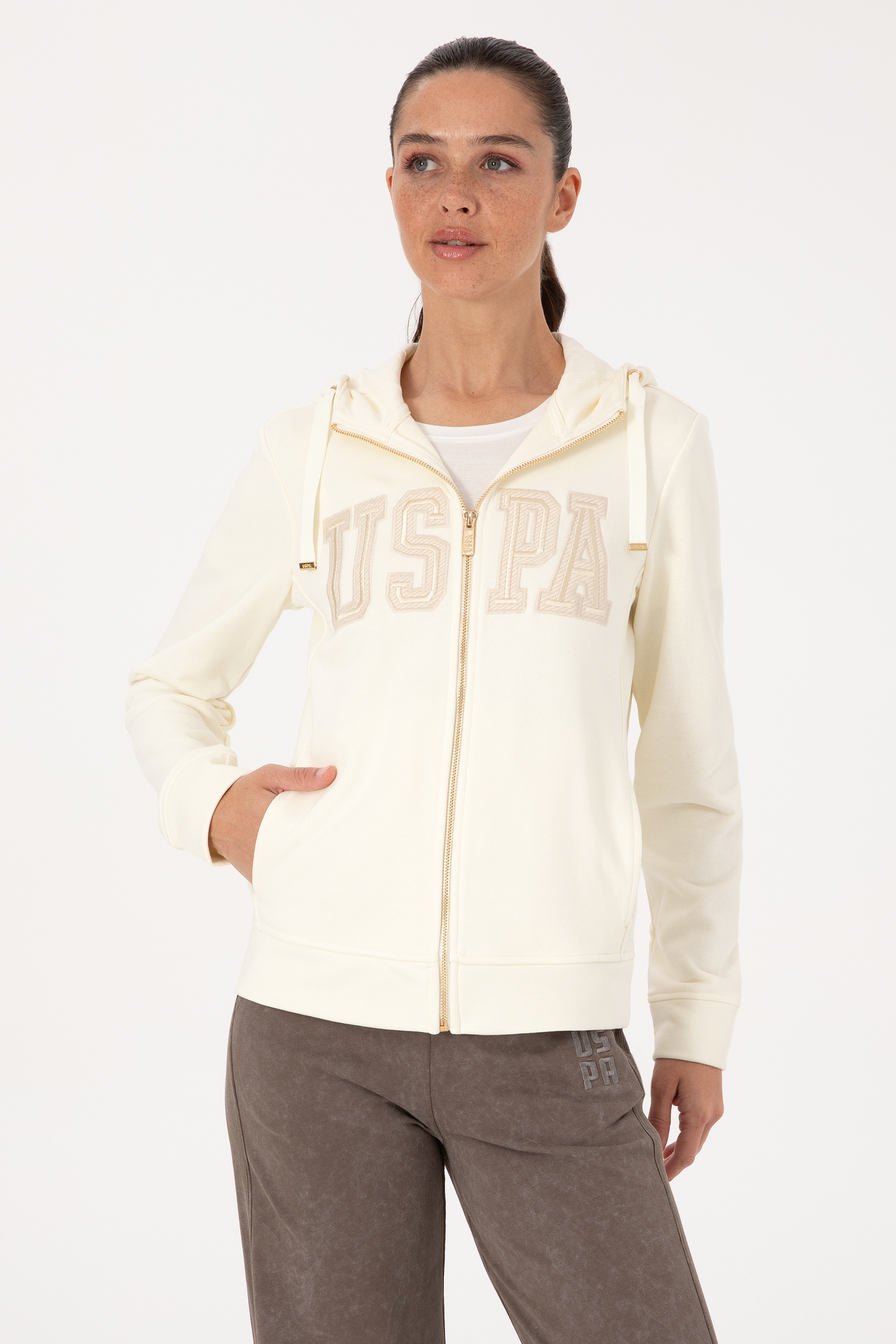 Kadın Krem Fermuarlı Kapüşonlu Basic Sweatshirt - Image 1