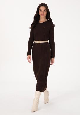 Kadın Koyu Kahverengi Triko Elbise - 50313835025