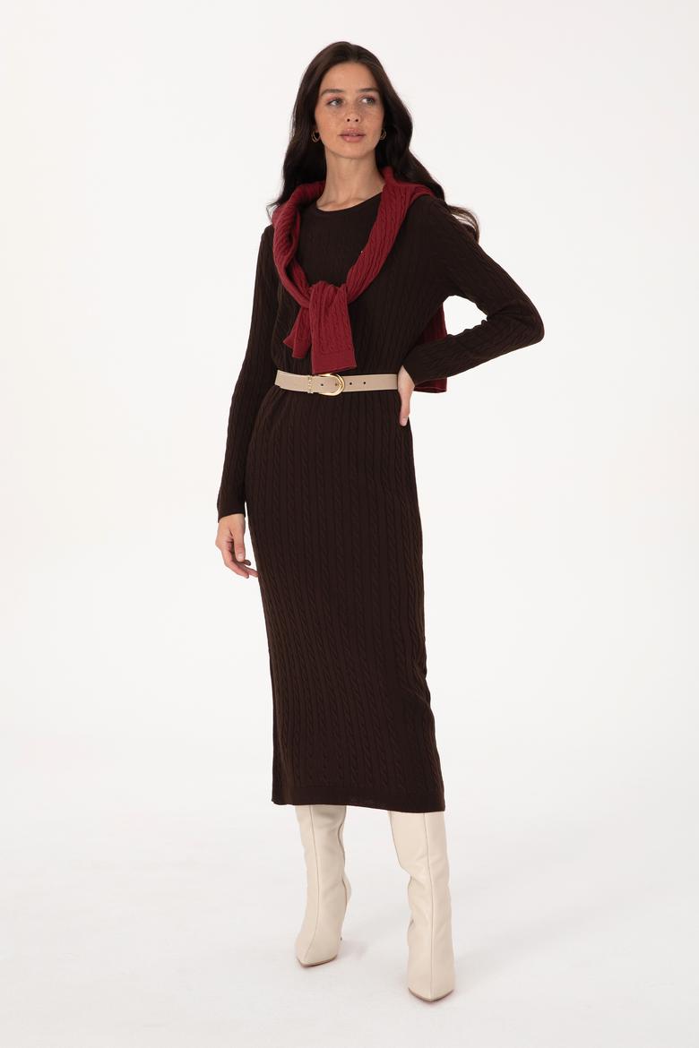 Kadın Koyu Kahverengi Triko Elbise - 50313835025