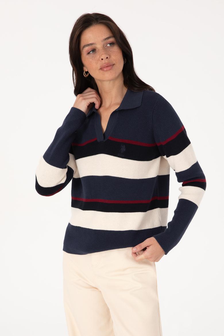 Kadın Açık Lacivert Polo Yaka Kazak