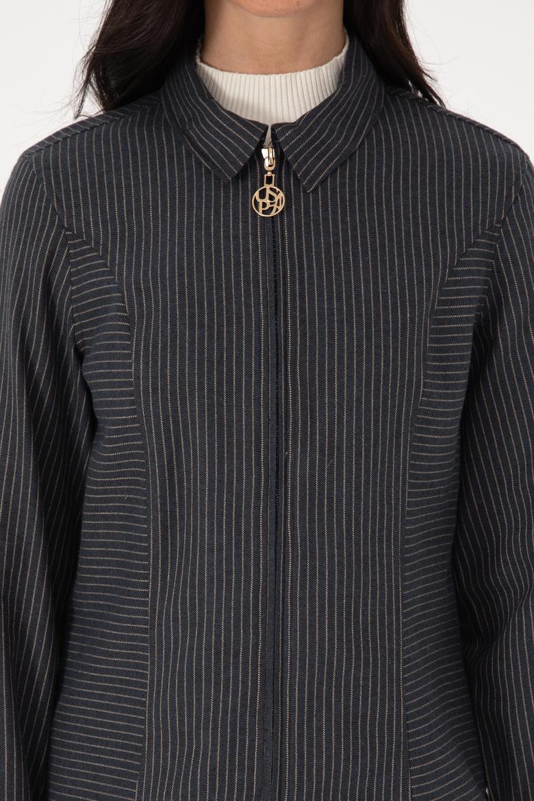 Kadın Lacivert Çizgili Fermuarlı Dokuma Gömlek - 50316368006