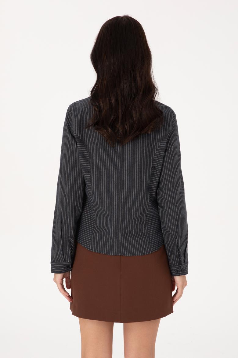 Kadın Lacivert Çizgili Fermuarlı Dokuma Gömlek - 50316368006