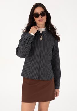 Kadın Lacivert Çizgili Fermuarlı Dokuma Gömlek - 50316368006