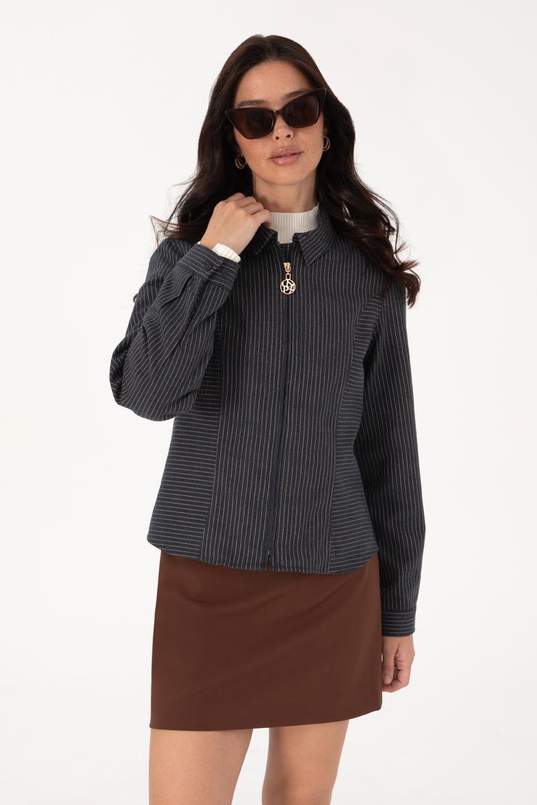 Kadın Lacivert Çizgili Fermuarlı Dokuma Gömlek