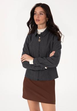 Kadın Lacivert Çizgili Fermuarlı Dokuma Gömlek - 50316368006