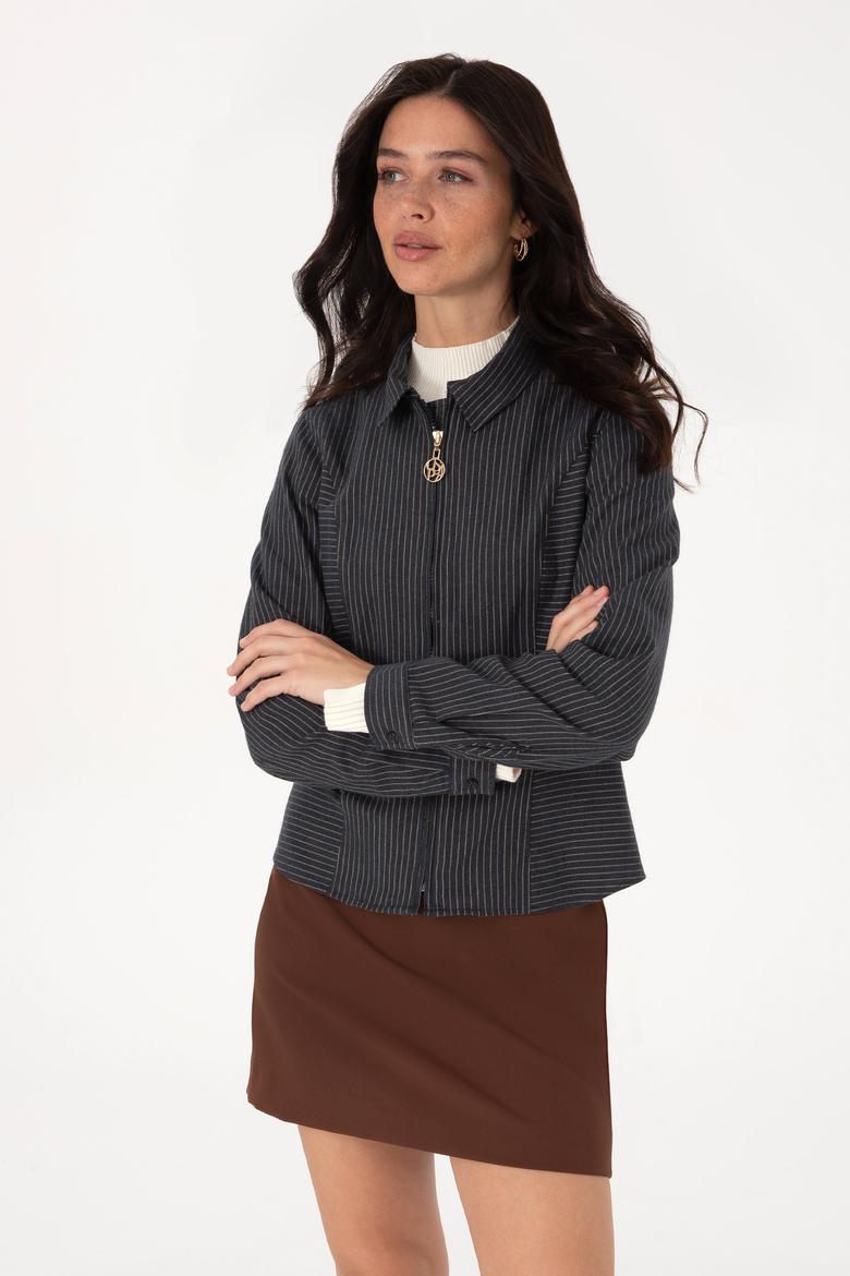 Kadın Lacivert Çizgili Fermuarlı Dokuma Gömlek - 50316368006