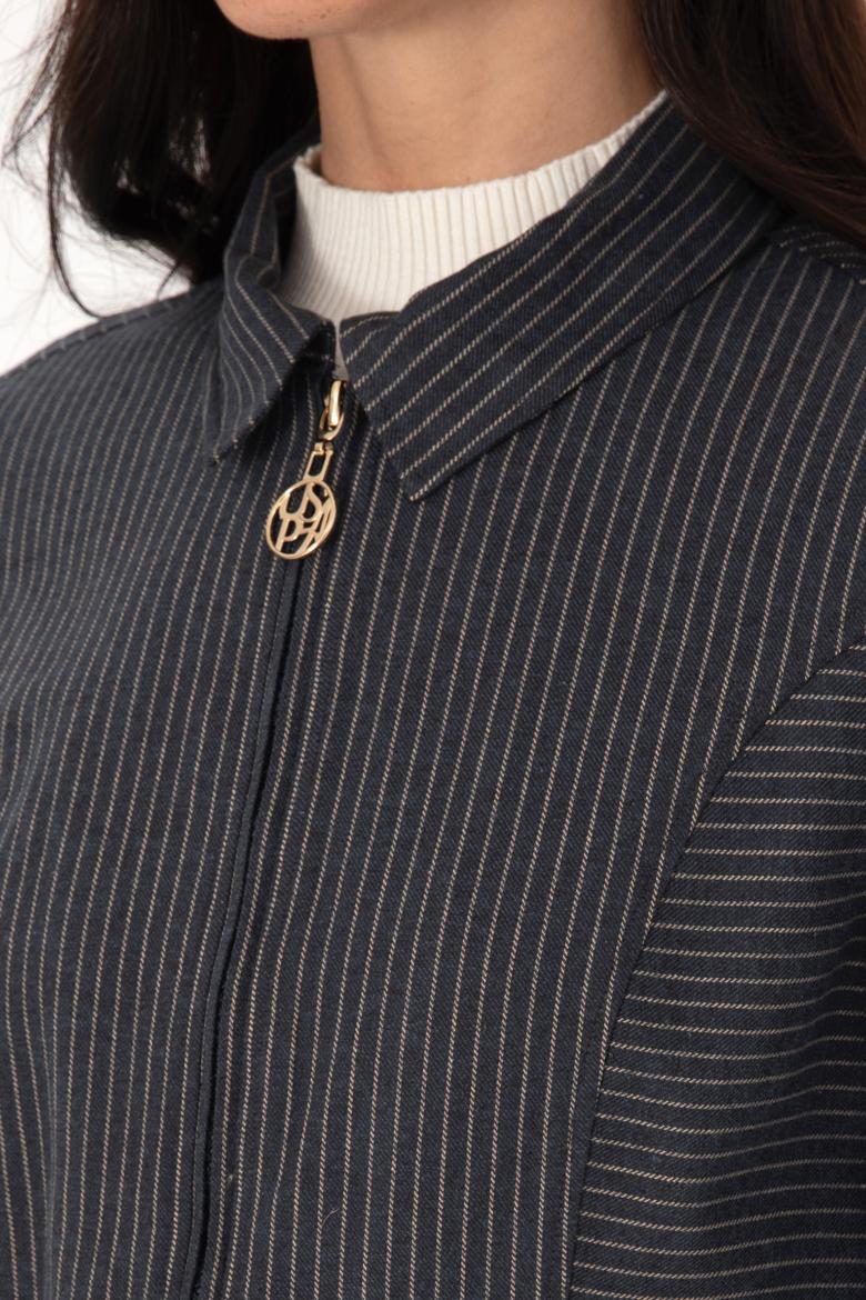 Kadın Lacivert Çizgili Fermuarlı Dokuma Gömlek - 50316368006