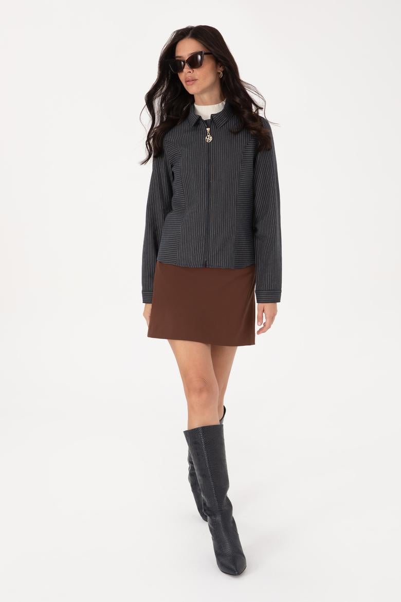 Kadın Lacivert Çizgili Fermuarlı Dokuma Gömlek - 50316368006