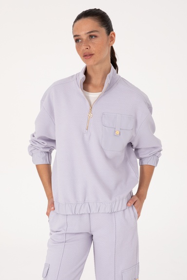 Kadın Siyah Fermuarlı Dik Yaka Sweatshirt