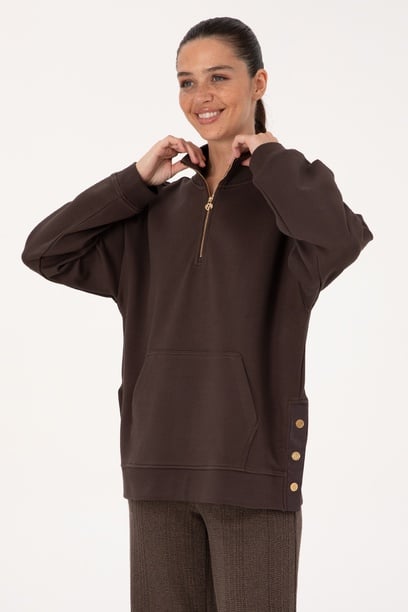 Kadın Kahverengi Fermuarlı Dik Yaka Sweatshirt