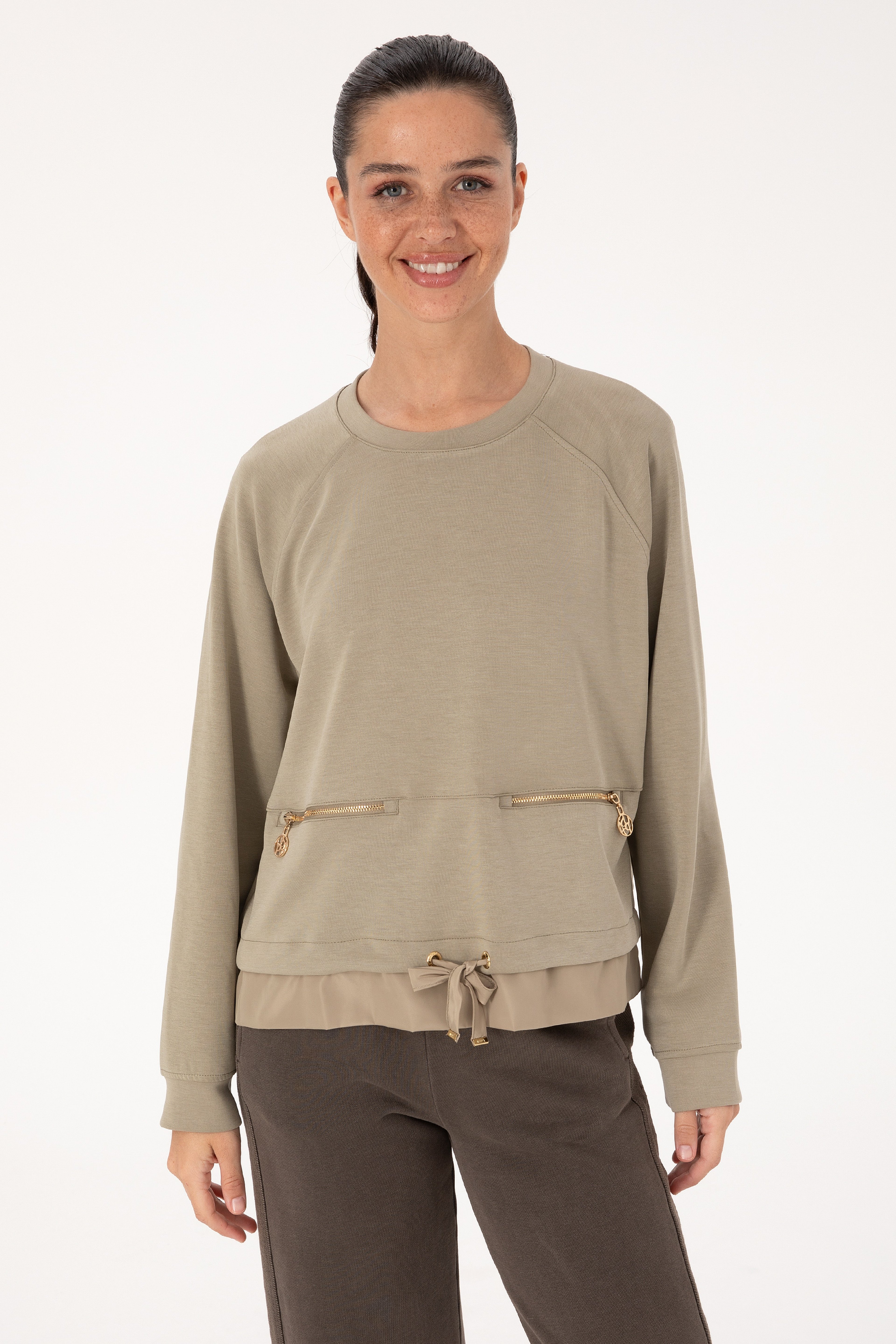 Kadın Açık Haki Bisiklet Yaka Sweatshirt