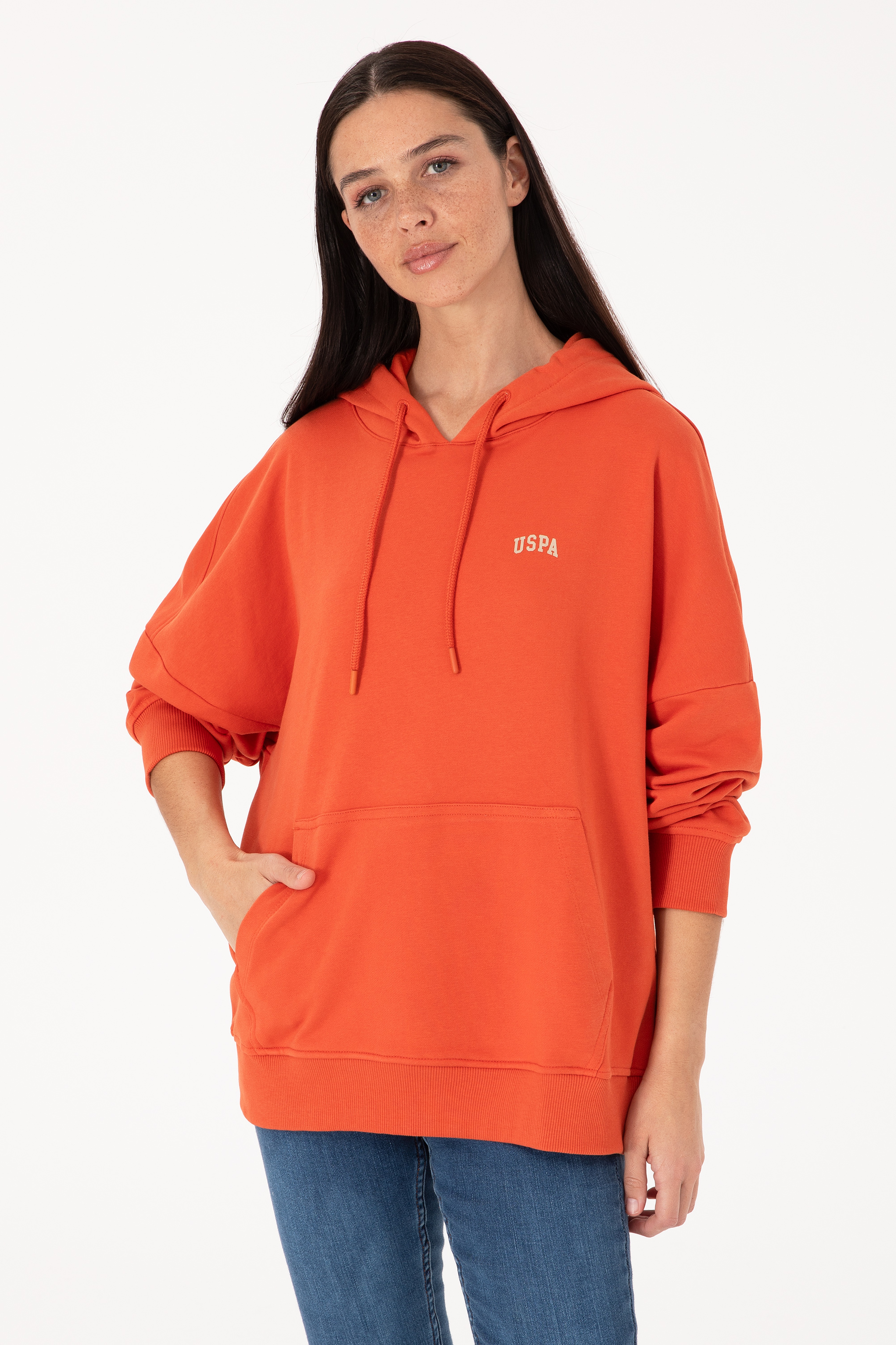 Kadın Kiremit Kapüşonlu Basic Sweatshirt - Image 1