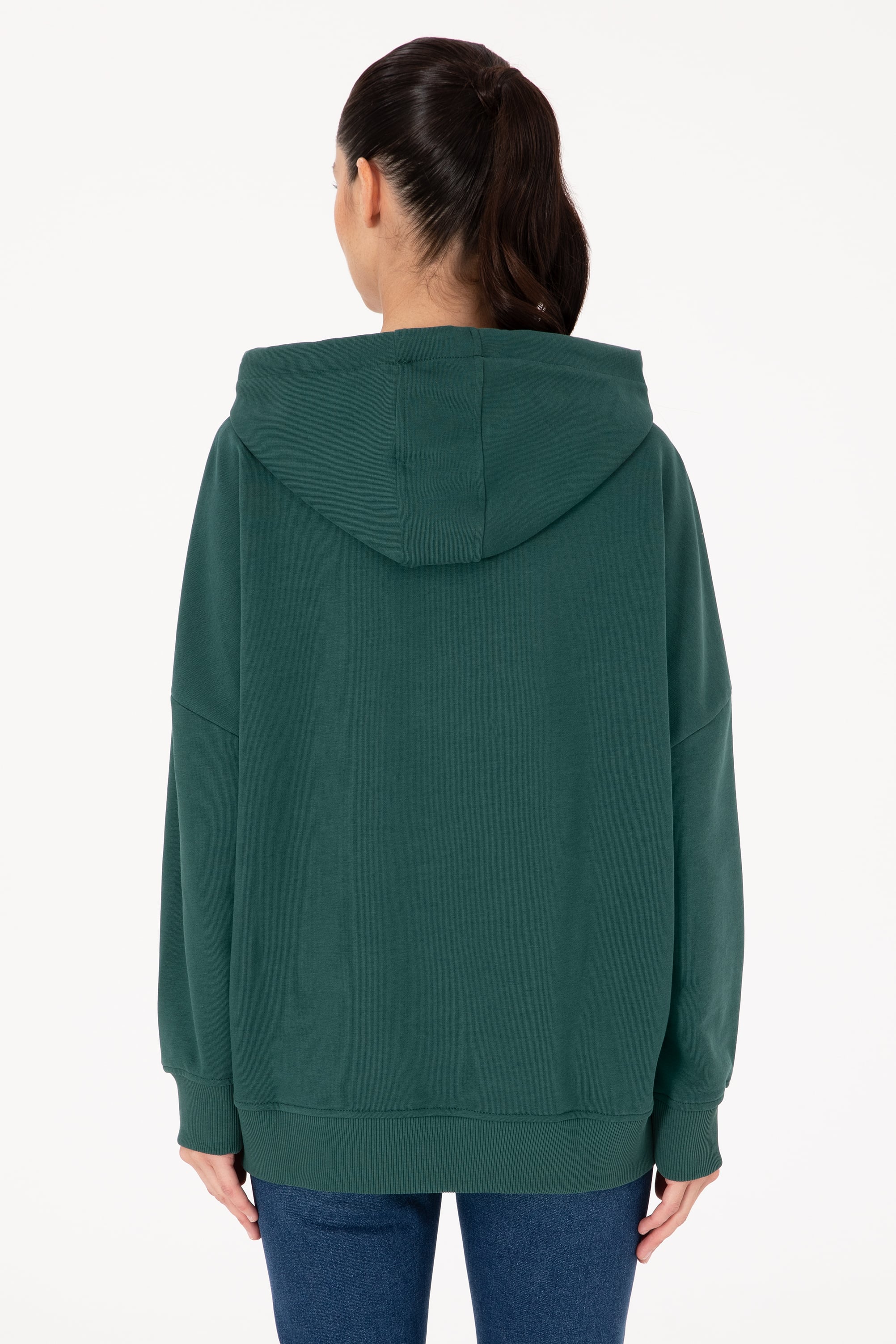 Kadın Koyu Yeşil Kapüşonlu Basic Sweatshirt