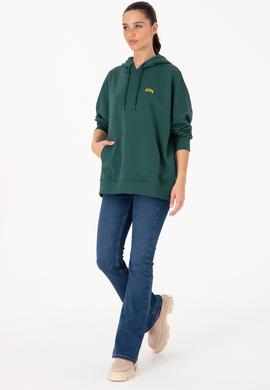 Kadın Koyu Yeşil Kapüşonlu Basic Sweatshirt - 50297324078