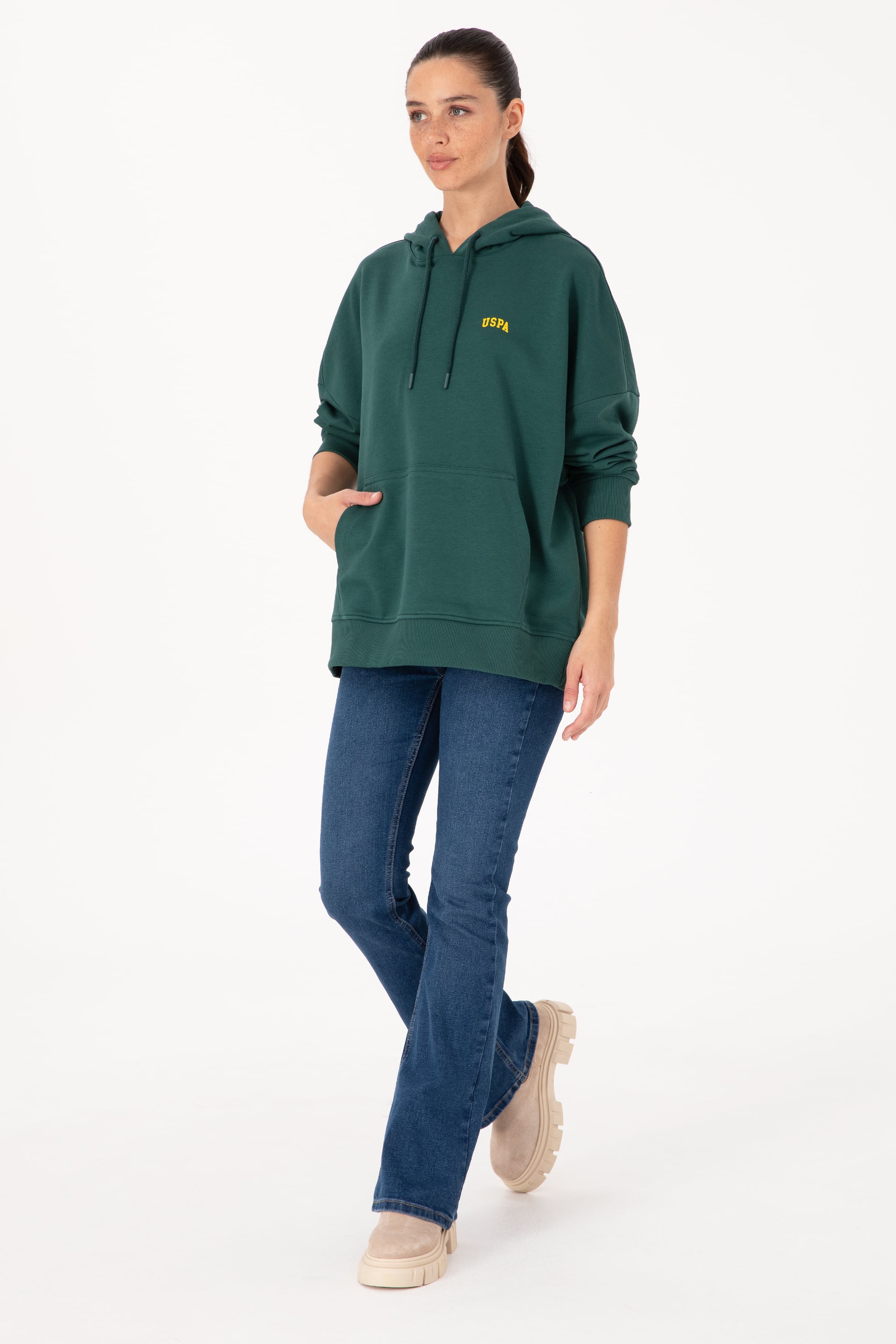 Kadın Koyu Yeşil Kapüşonlu Basic Sweatshirt - Image 4