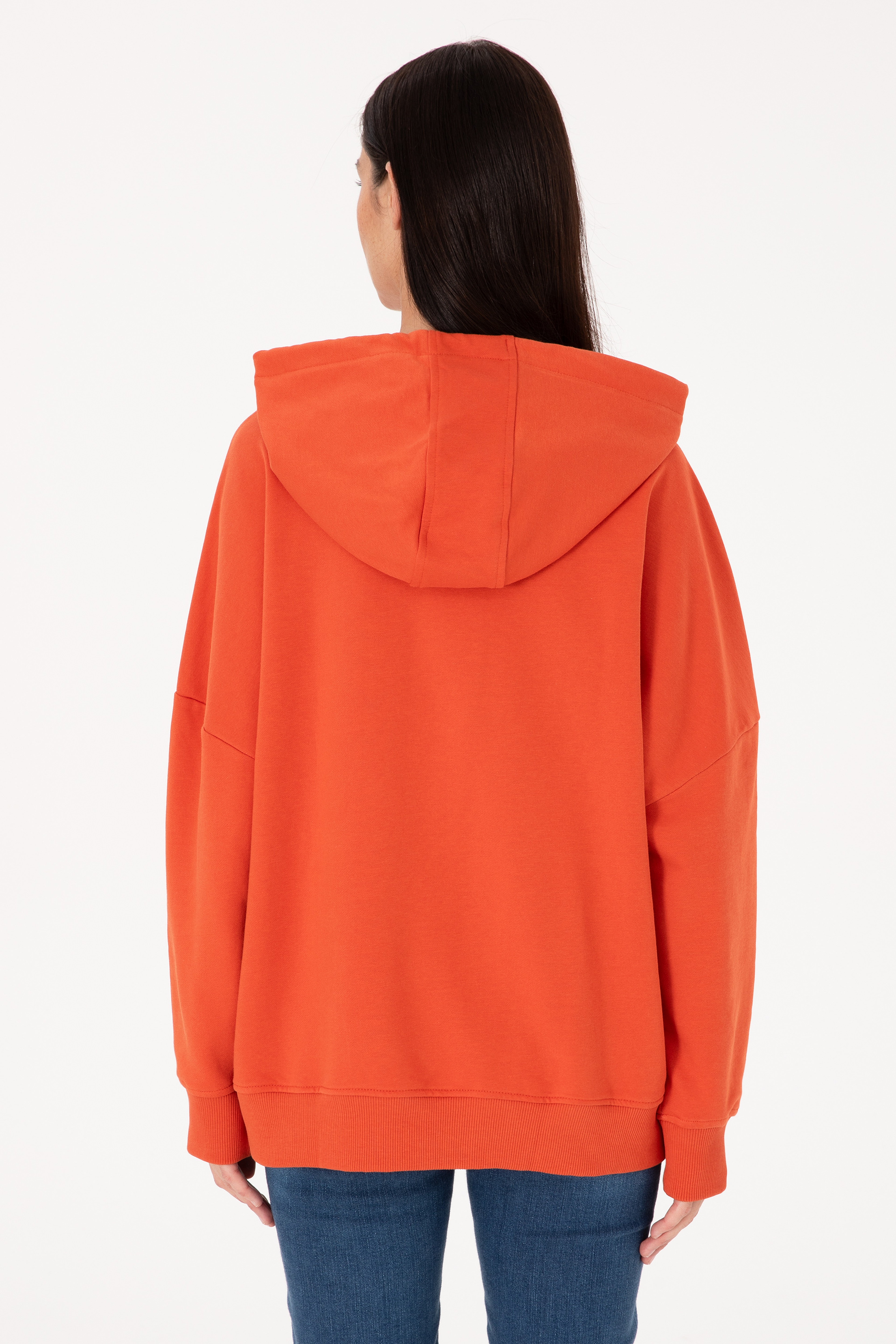 Kadın Kiremit Kapüşonlu Basic Sweatshirt - Image 5