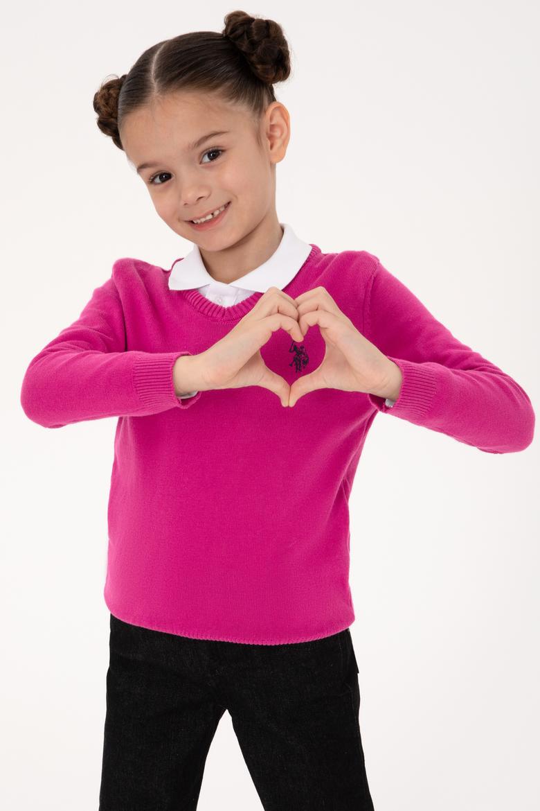 Kız Çocuk Fuşya V Yaka Basic Kazak