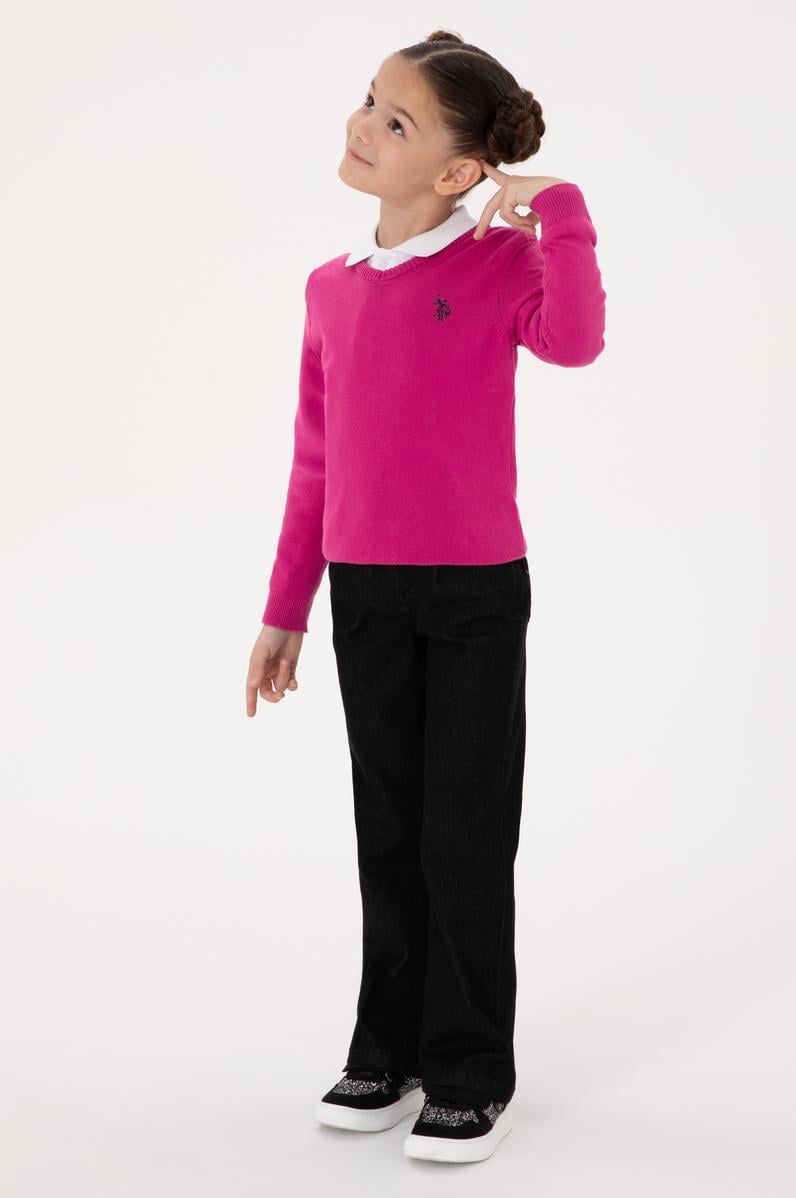 Kız Çocuk Fuşya V Yaka Basic Kazak