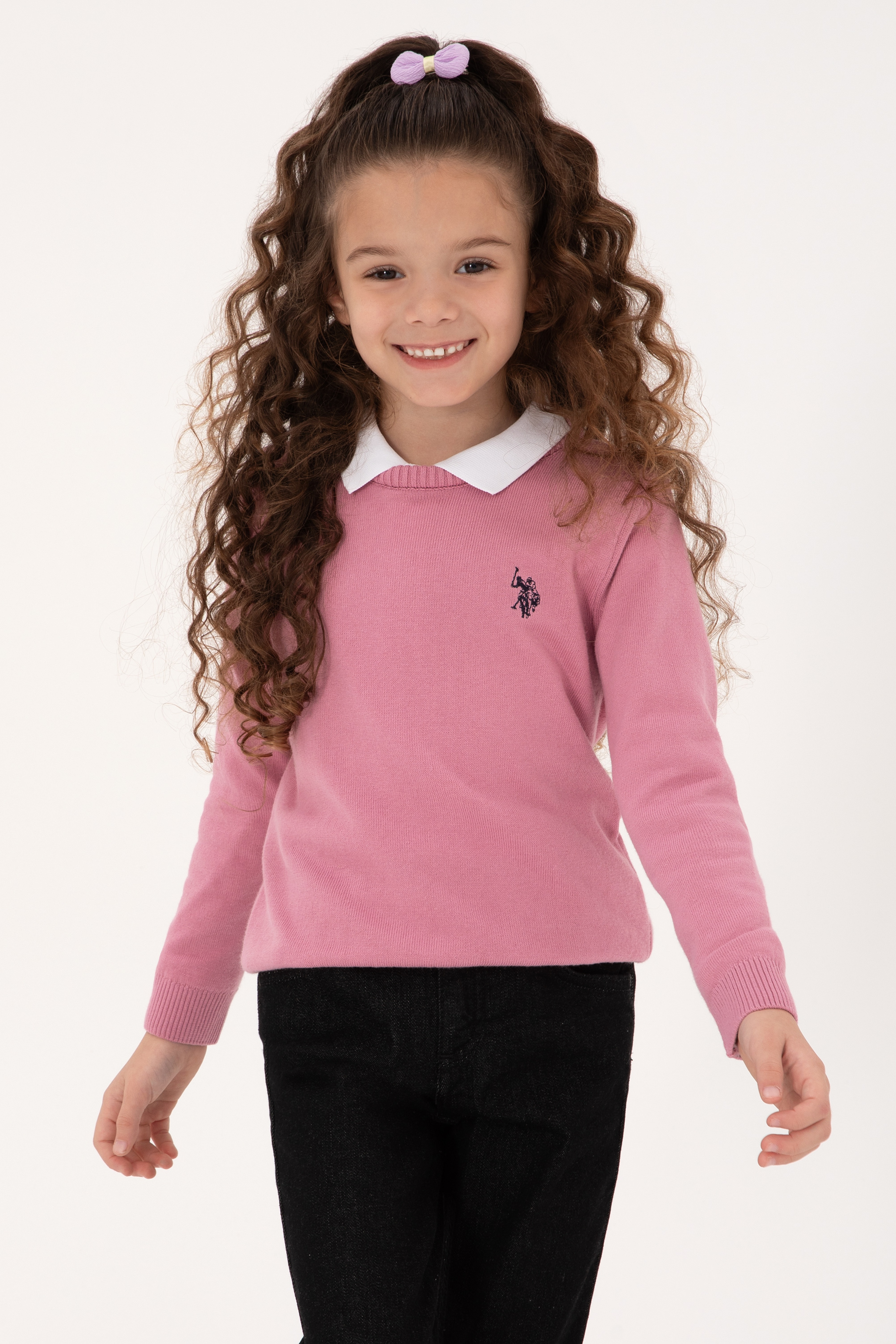 Kız Çocuk Pembe Bisiklet Yaka Basic Kazak - Image 1