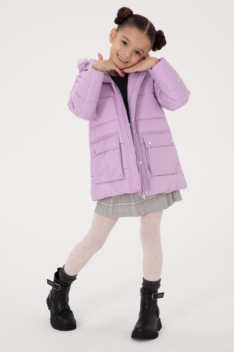 Kız Çocuk Lila Kapüşonlu Şişme Mont