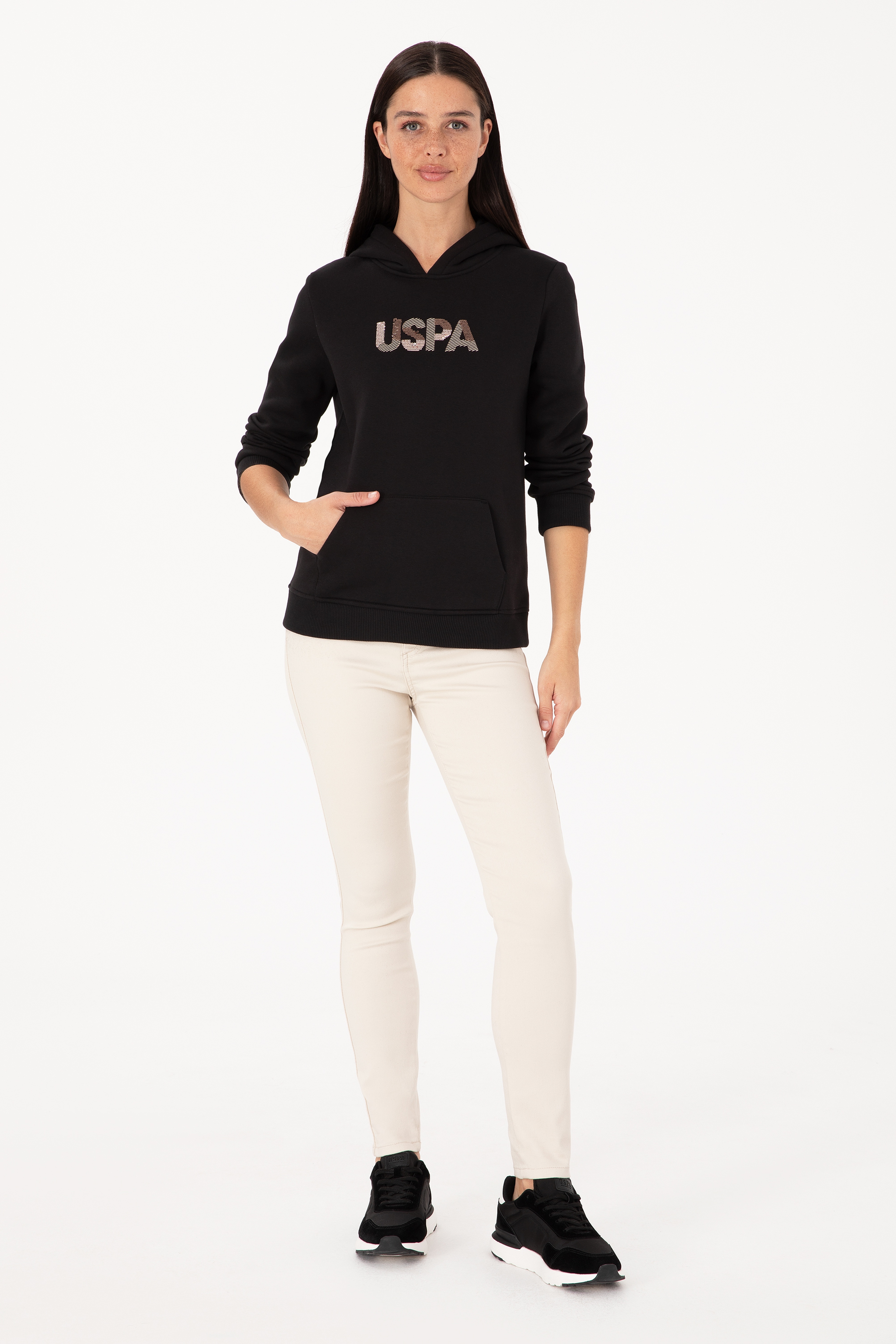 Kadın Siyah Kapüşonlu Basic Sweatshirt - Image 4