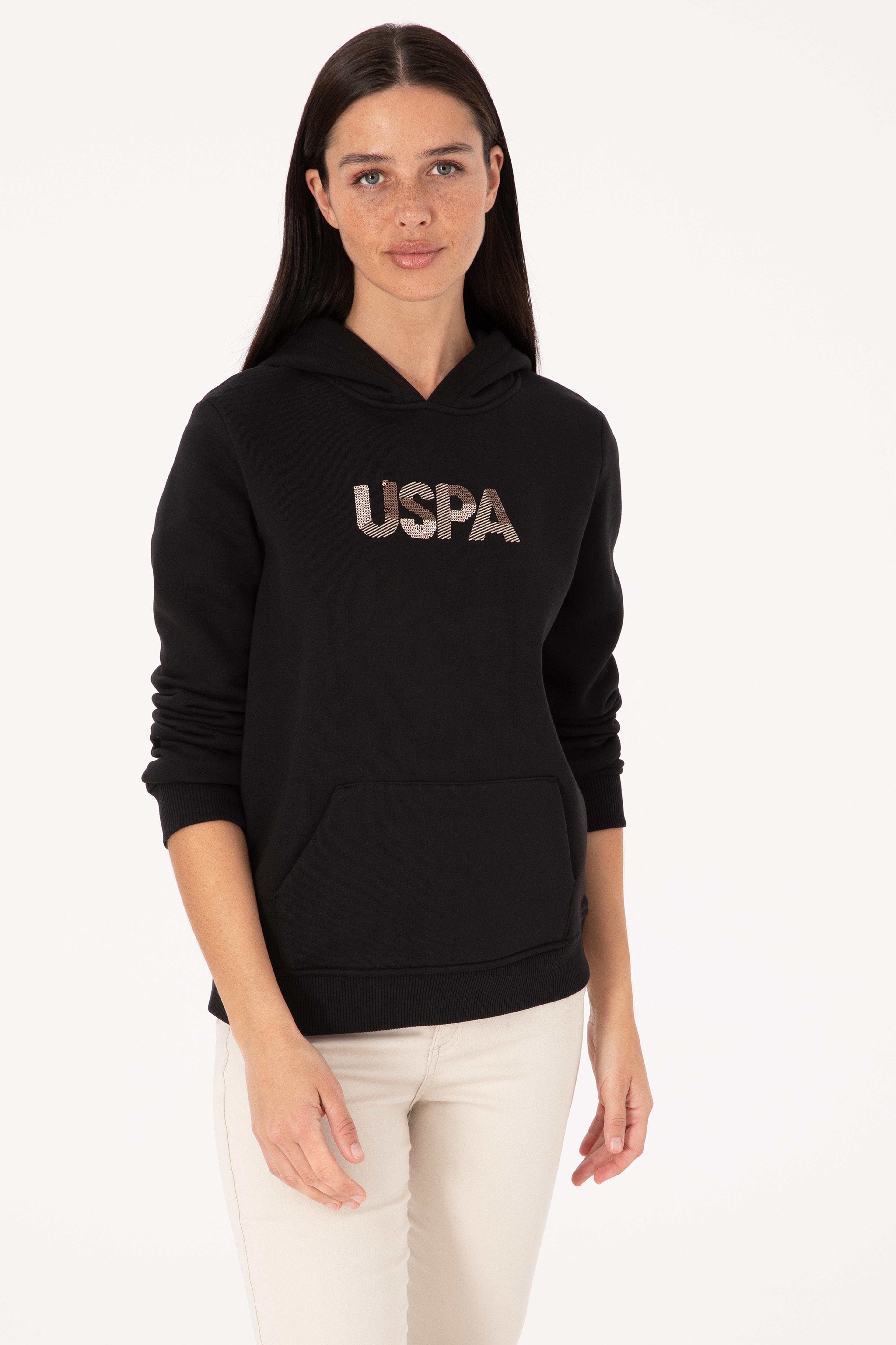 Kadın Siyah Kapüşonlu Basic Sweatshirt - Image 1