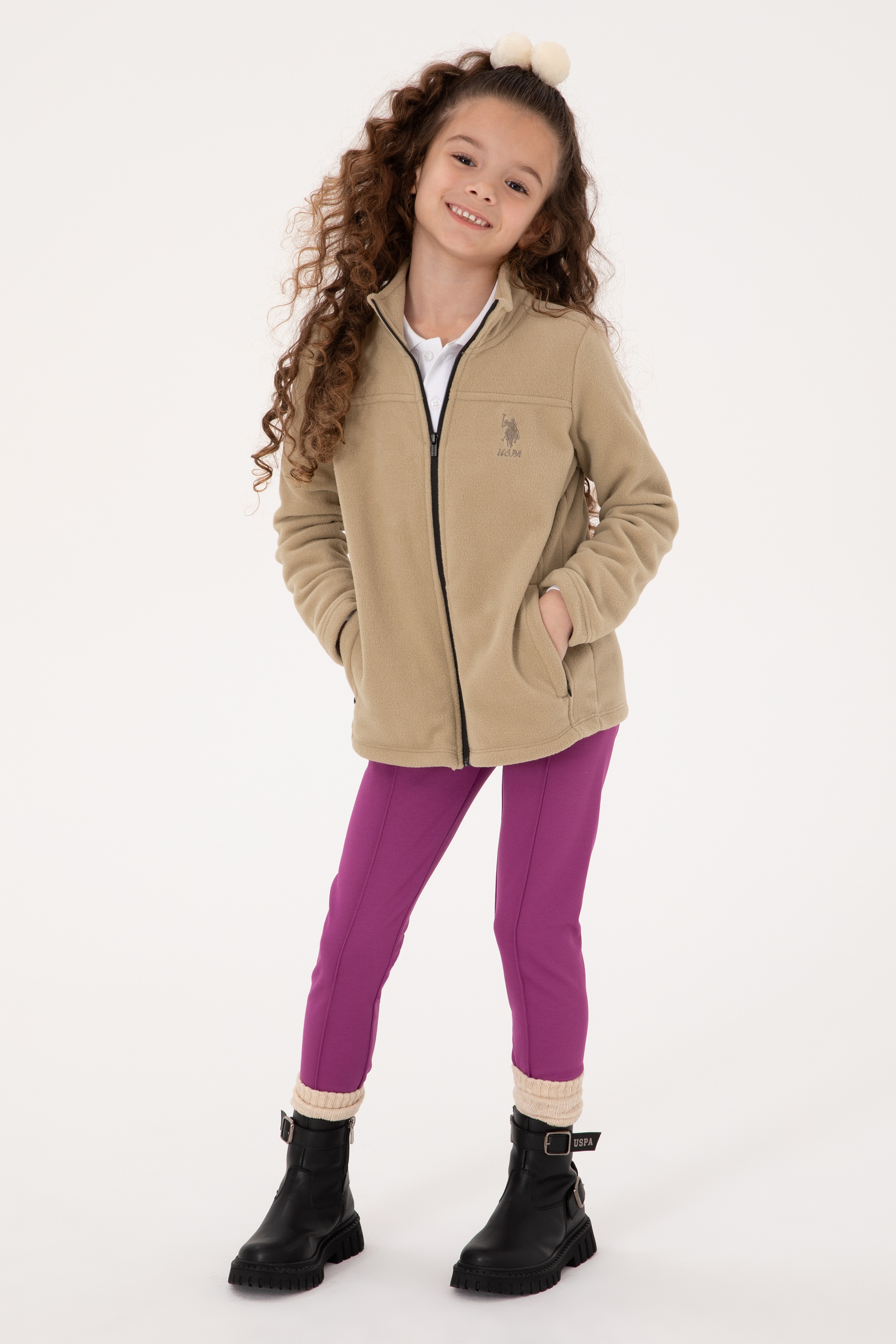 Kız Çocuk Açık Haki Fermuarlı Polor Sweatshirt - Image 2