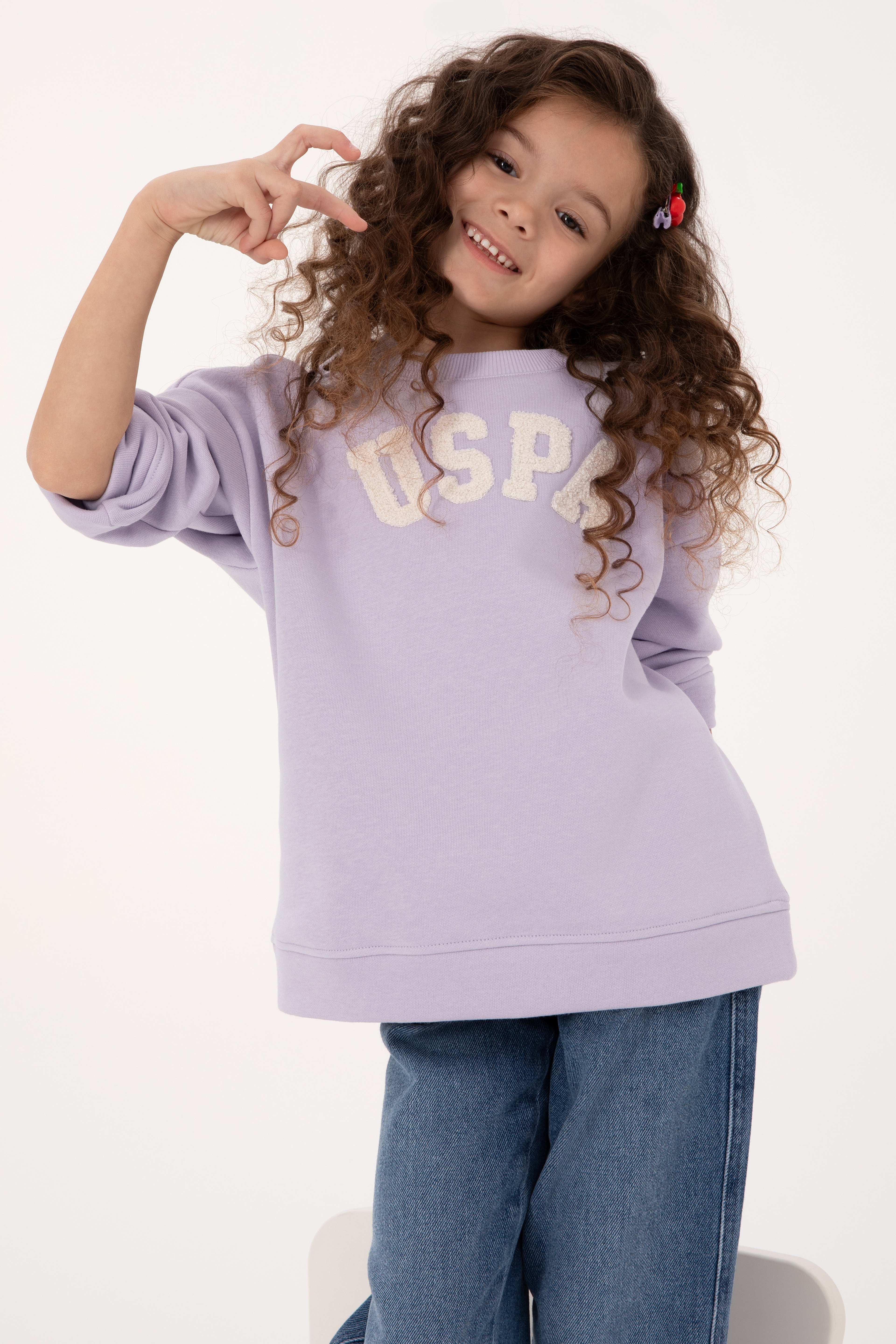 Kız Çocuk Mor Bisiklet Yaka Şardonlu Sweatshirt - Image 1