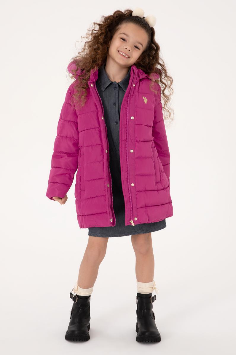 Kız Çocuk Kapüşonlu Fuşya Kaban