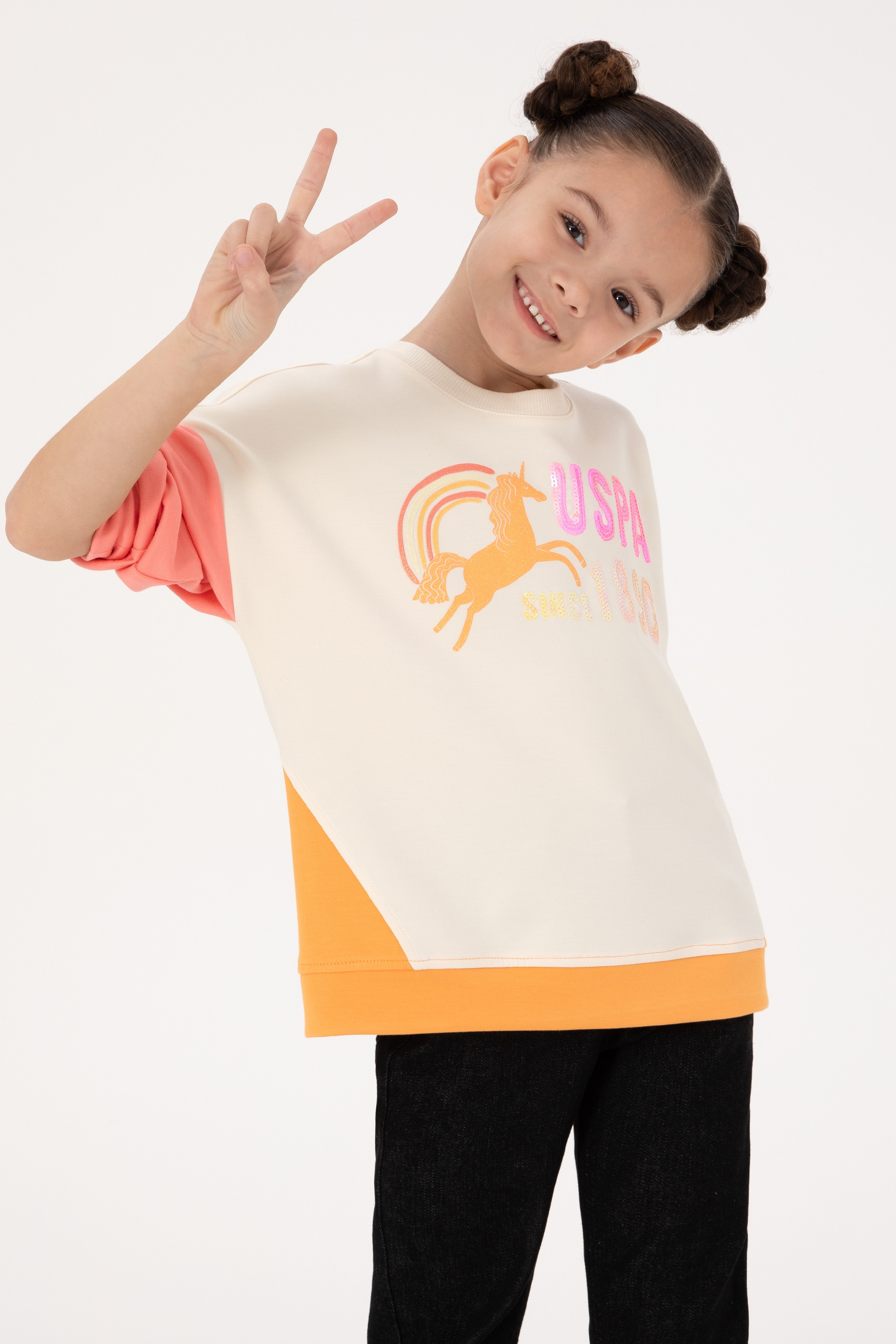 Kız Çocuk Turuncu Bisiklet Yaka Sweatshirt - Image 1