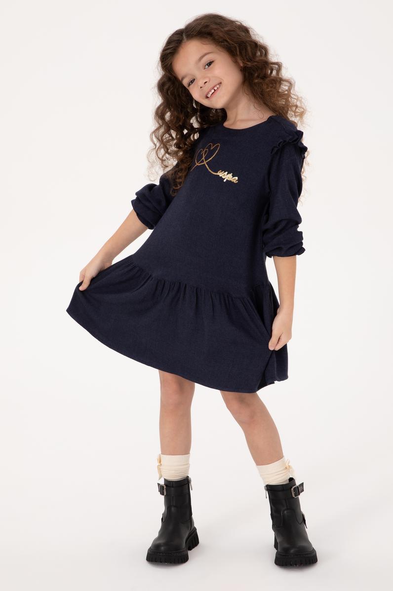 Kız Çocuk Lacivert Dokuma Elbise
